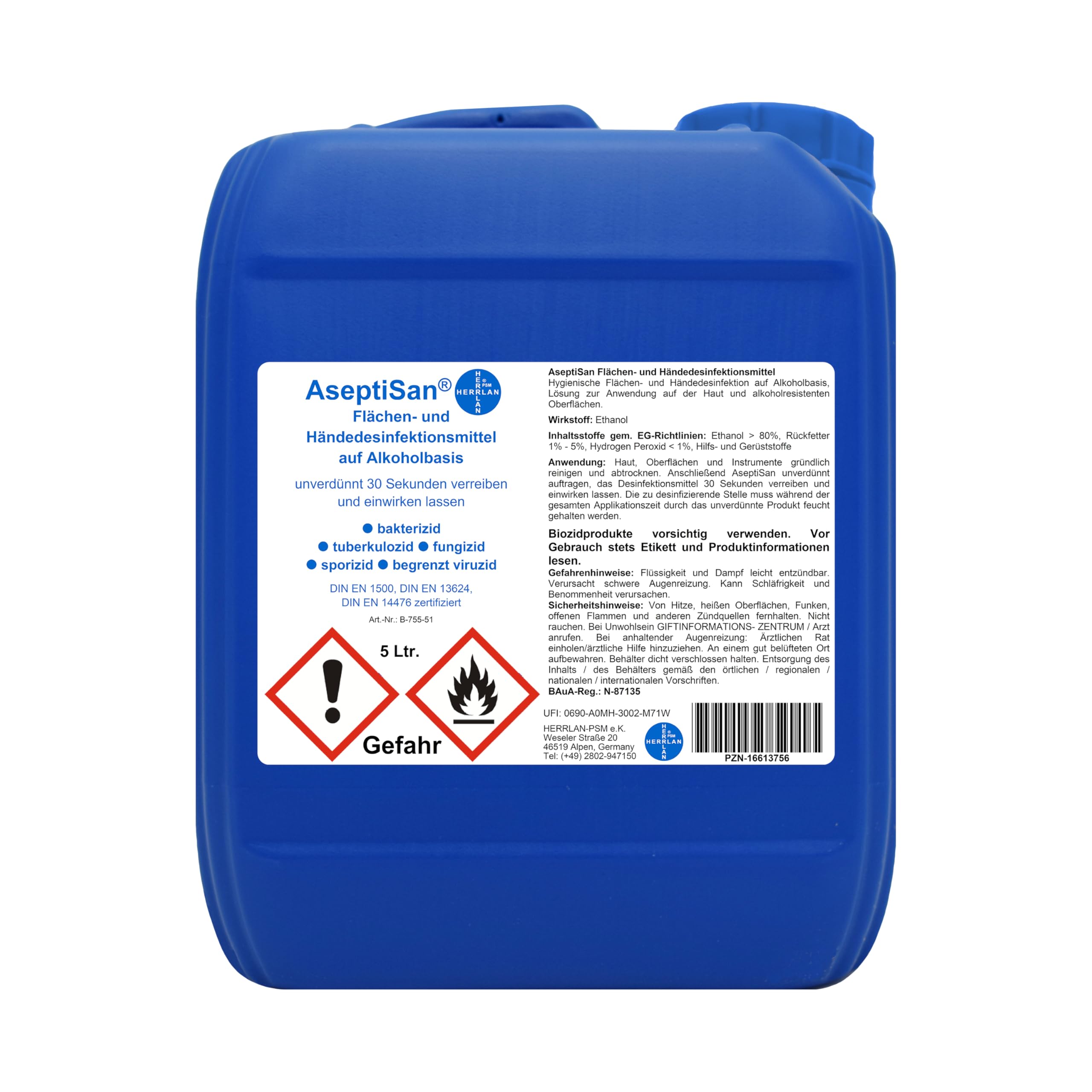 AseptiSan - 5 Ltr. Kanister Flächen- und Händedesinfektionsmittel Pharmazentralnummer-16613756 HERRLAN Qualität Made in Germany