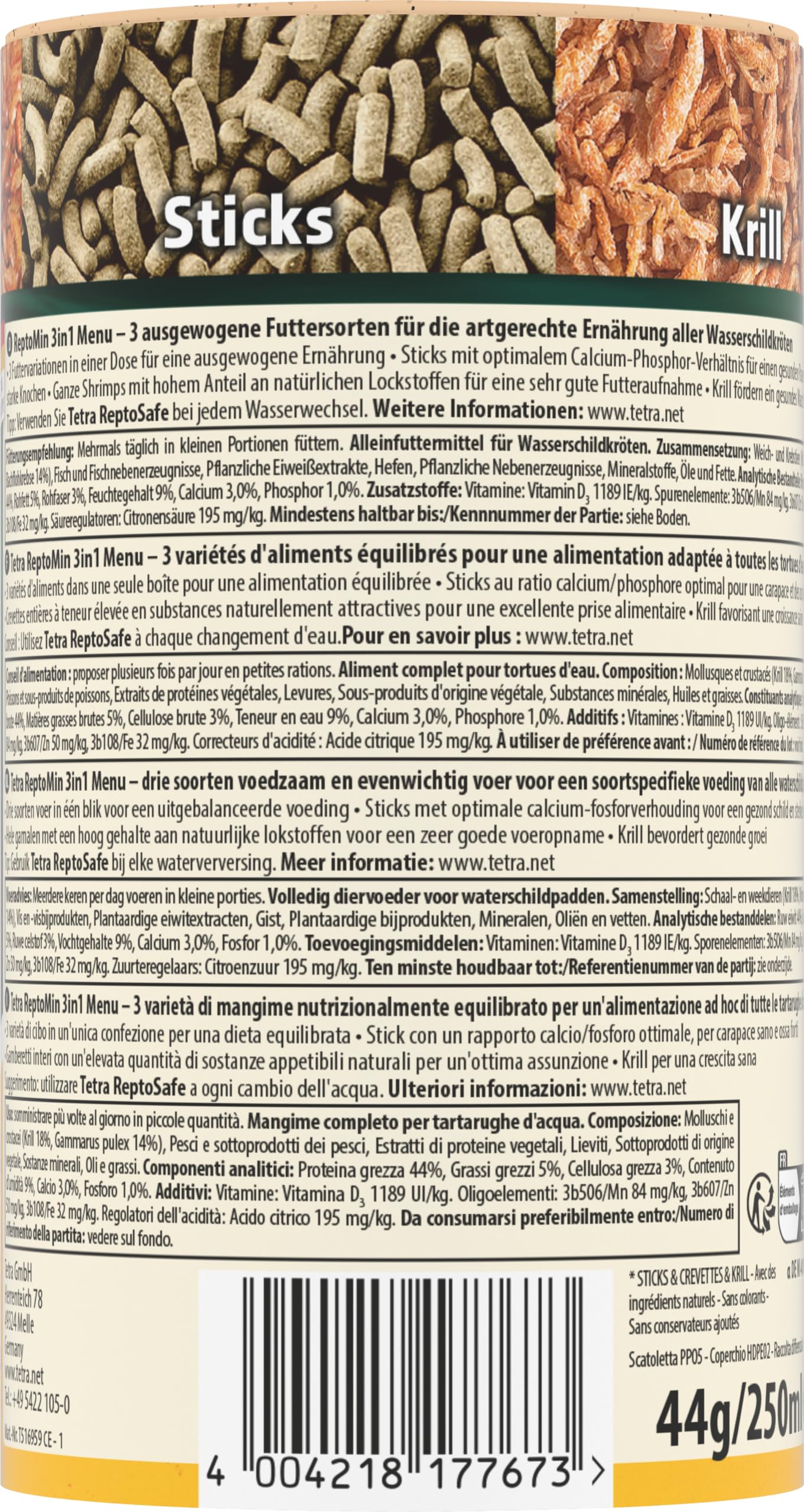 Tetra ReptoMin Menu karma dla żółwi – urozmaicona karma 3 w 1 z pałeczkami, krylem i krewetkami dla żółwi wodnych, puszka 250 ml