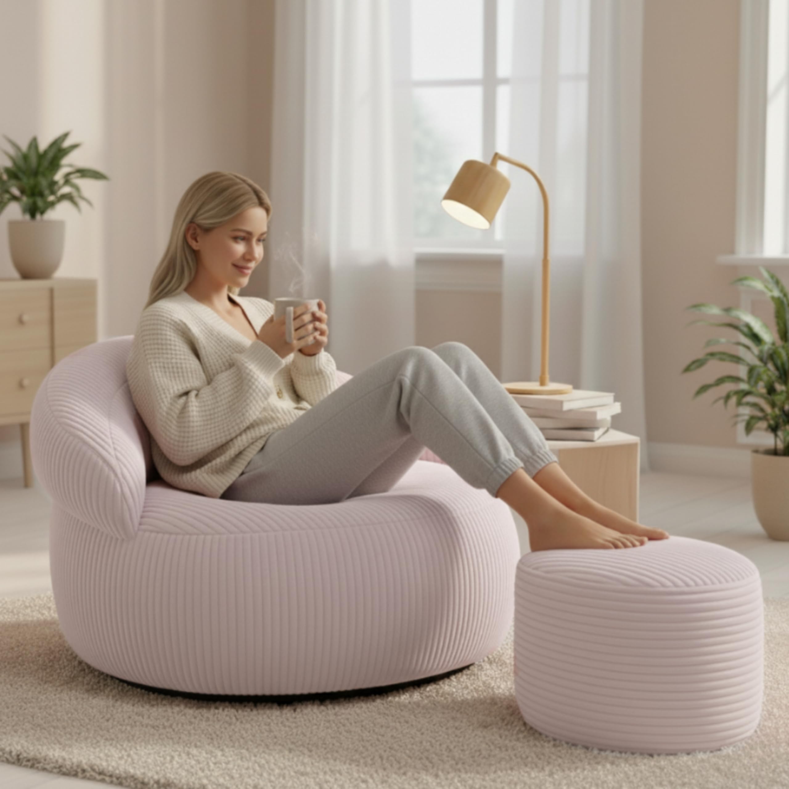 bananair – Sitzsack für Wohnzimmer aus Cord mit Fußhocker - XXL Bean Bag Chair Weich - Maschinenwaschbarer Bezug - Ideal für Salon, Schlafzimmer Erwachsene, Jugendliche (110 × 100 cm, Hellrosa)