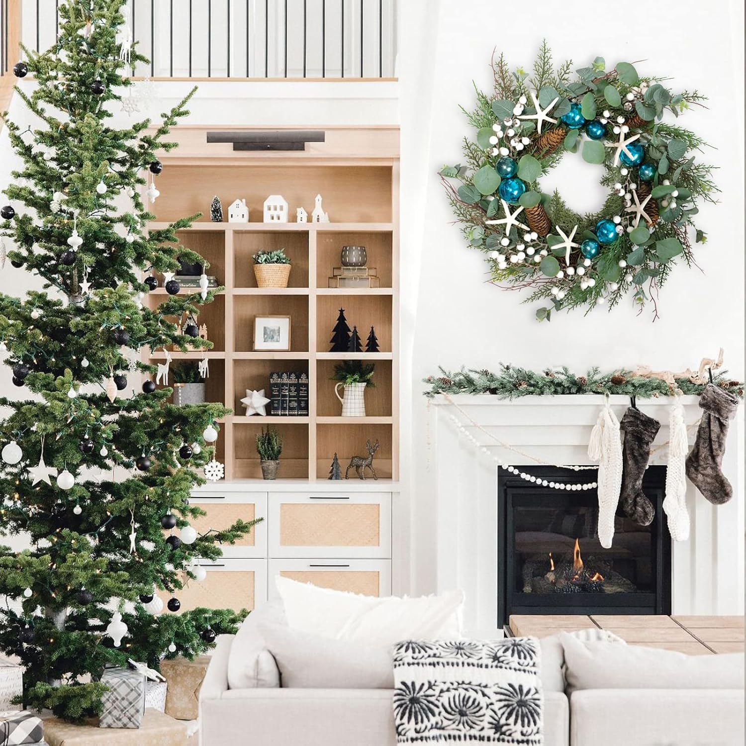 18 Inch Eucalyptus Leaves Starfish Blue Shatterproof Wreath for Home and Front Door Decoration, Greenery Wreaths with White Berries for Home Decoration, Starfish Wreath for Everyday Indoor and Outdoor