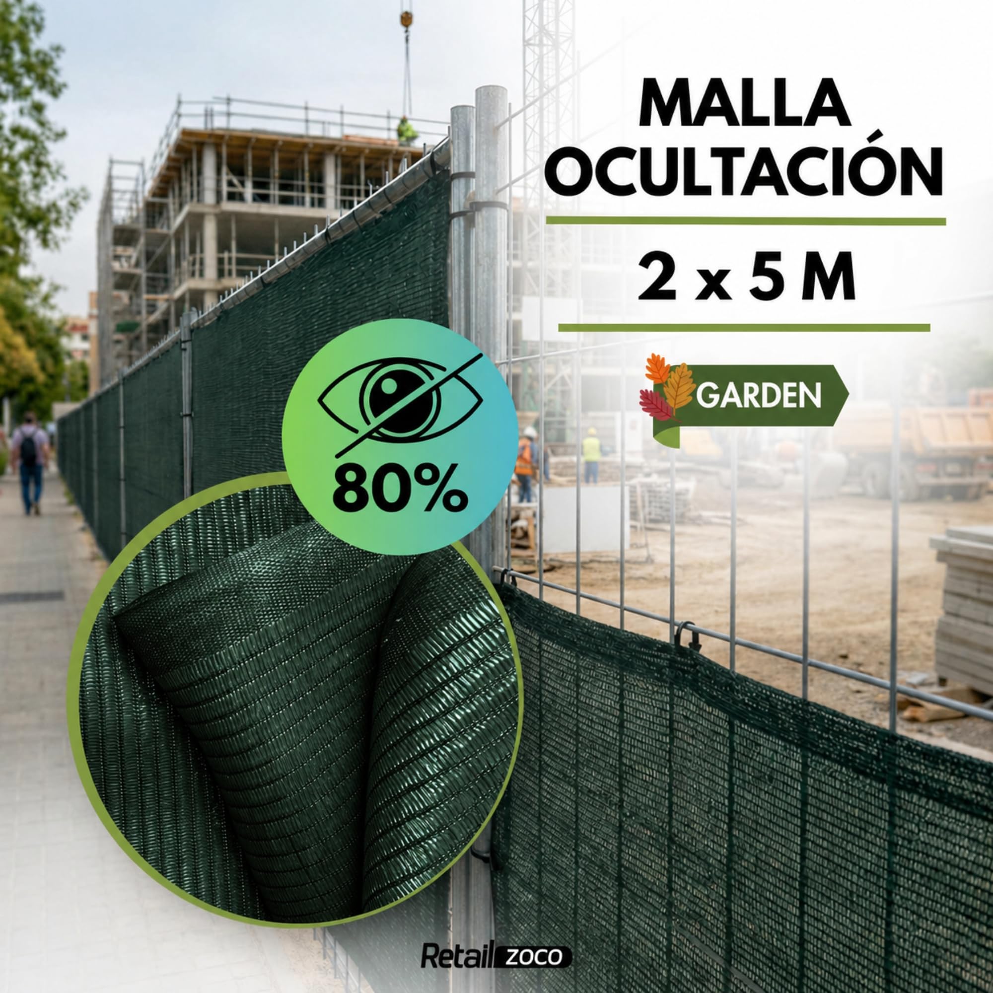 TECHZOCO Malla De Ocultación Jardín Y Sombreo, Malla pared Negra, Red de sombreo, Panel ocultación jardín, 80% de ocultación, HDPE polietileno de alta densidad, 2 Metros alto x 5 Metros largo, Verde