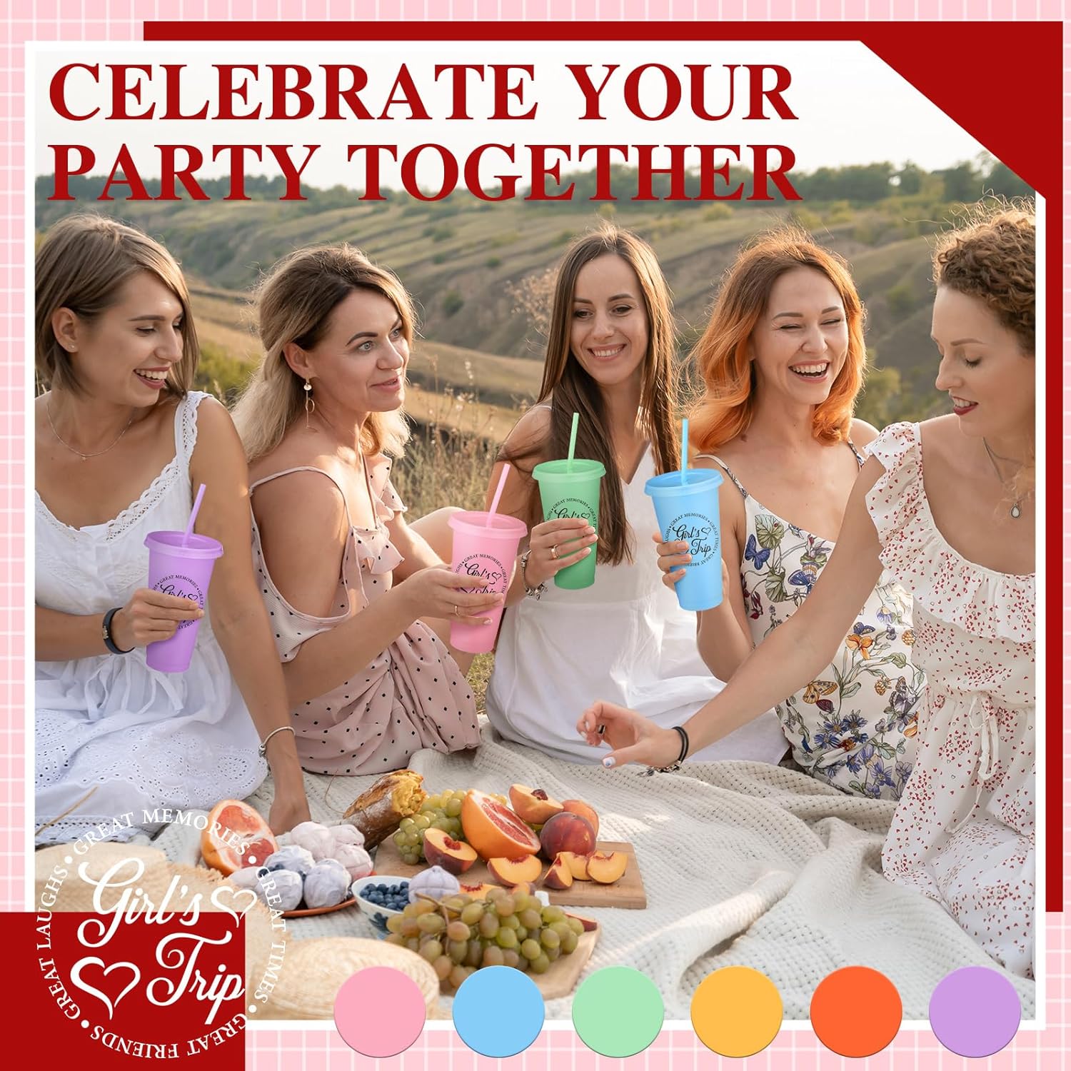 CHENGU 6 Set Girls Trip Gifts Favors Weekend Gifts 2026 for Girls Women Trip Cup with Lid Straw 24oz Plastic Tumbler Travel Friendship Cup for Friend Bachelorette Vacation Party (Colorful) - Image 5