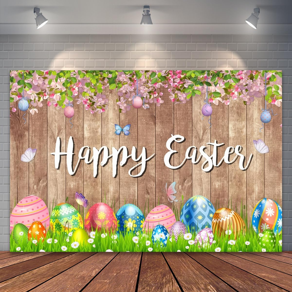 Happy Easter Photography Backdrop with Colorful Eggs Grass and Floral Wood Background for Kids Baby Portrait Photo Booth Party Decoration Video Product Shooting (7x5ft)