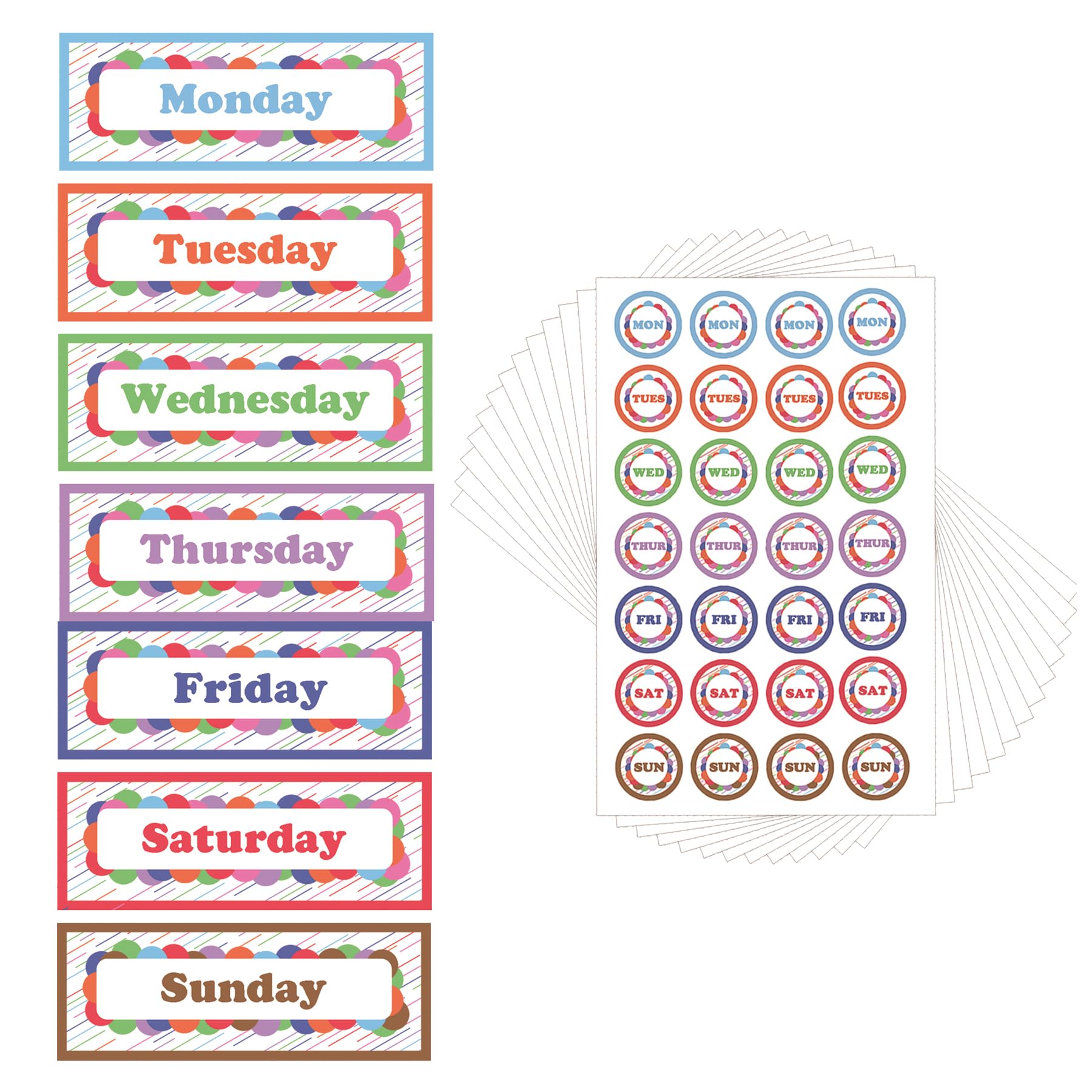 7 Pcs Colorful Magnetic Days of The Week and 280 Pcs 7 Days of The Week Labels School Home Locker Magnets Stickers （8.13x3 Inch, 1 Inch）