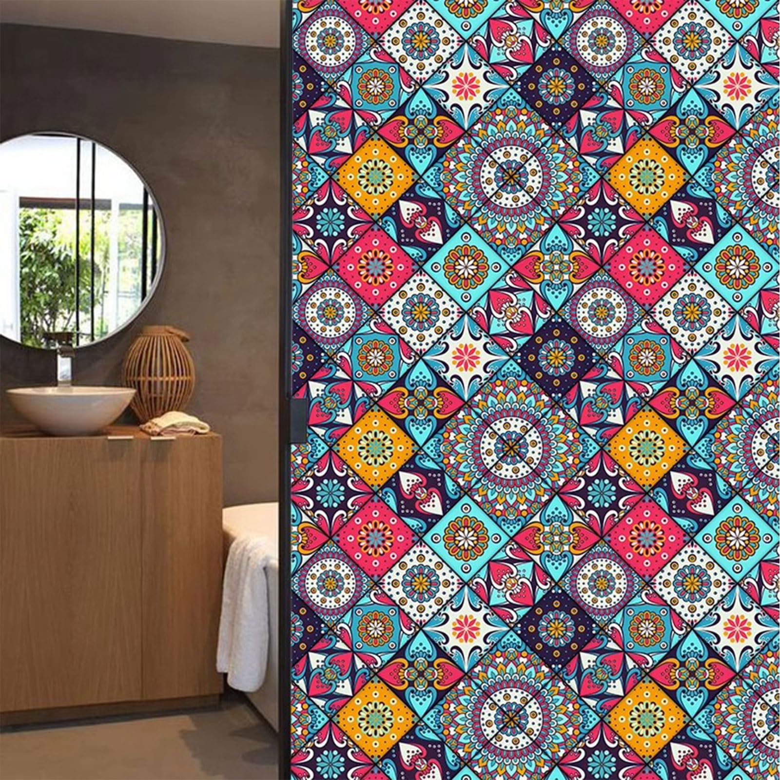 Eiauiuo Window Film Opaque Privacy Film With Vintage European Tile Pattern, Non-Adhesive & Self-Adhesive Static Cling Film, UV Protection Frosted Glass Sticker For Home & Kitchen(Retro Film 019,70x100