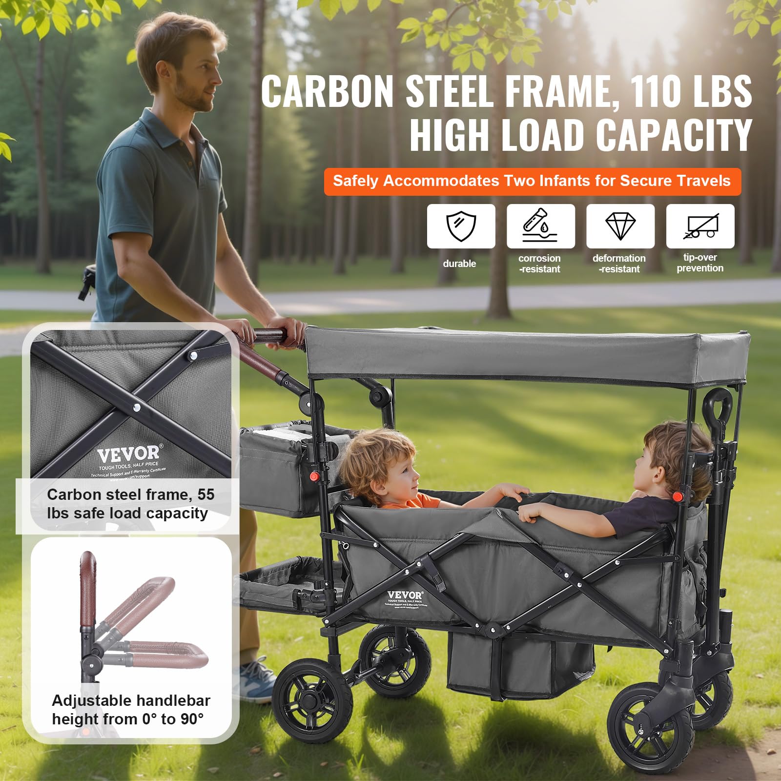 VEVOR Passeggino Wagon per 2 Bambini, Passeggino Pieghevole con Maniglia Regolabile, Tettuccio Rimovibile, Lmbracatura Circolare, 4 Ruote Freni Passeggino Portatile Multifunzione Campeggio, Grigio
