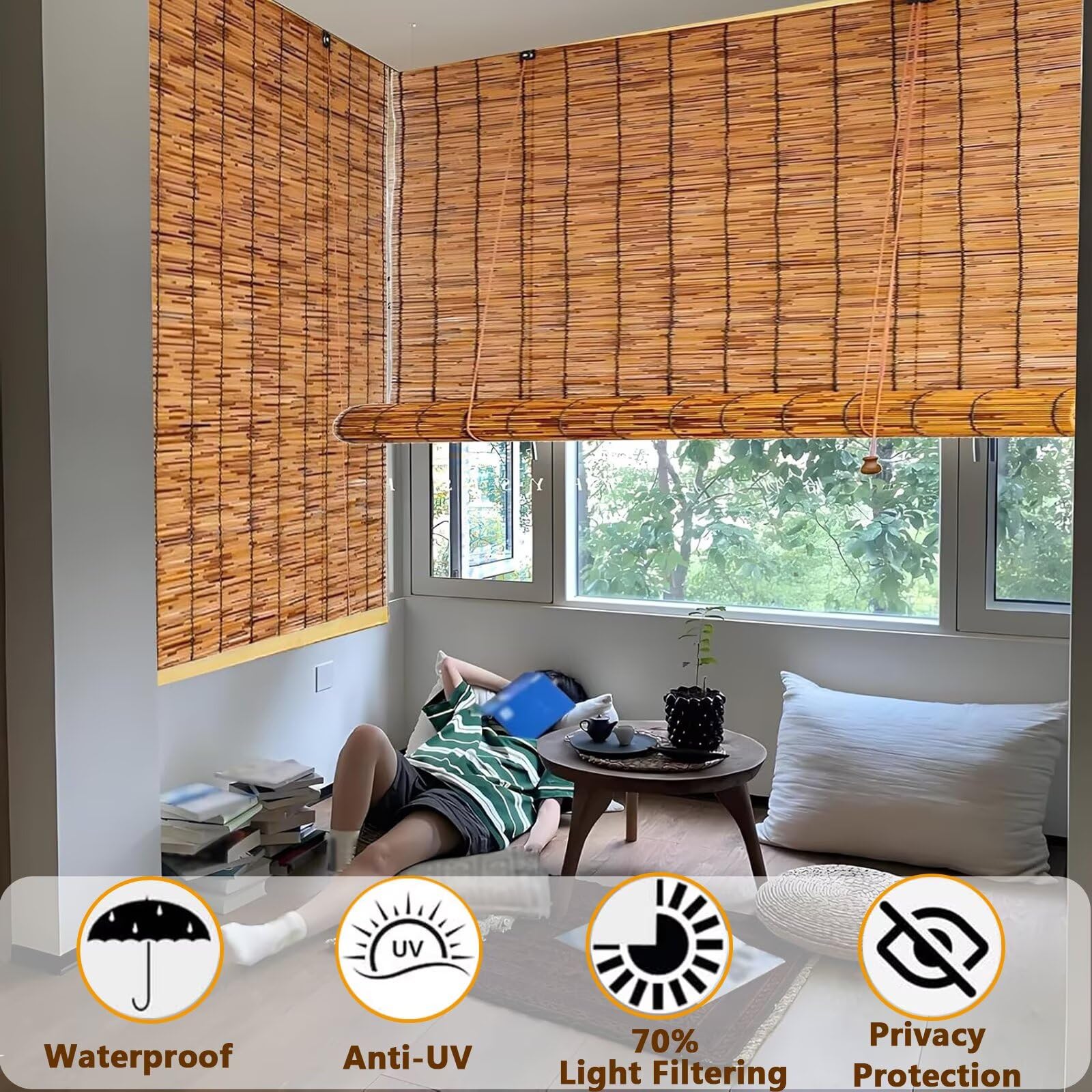 Store Exterieur en Bambou W80 x H200cm Store Venitien Bois,Rideau Exterieur Terrasse,Résistant aux Intempéries,Brun