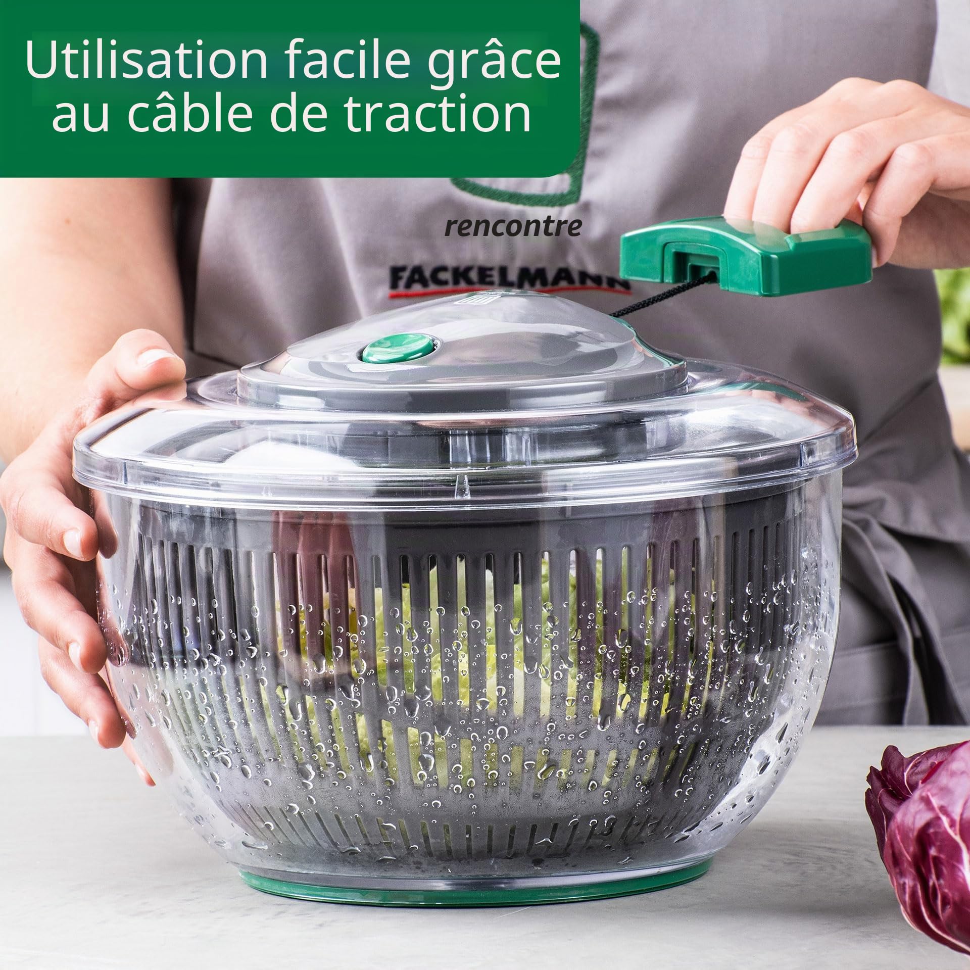 FACKELMANN Chefkoch Salad Spinner avec cordon et bouton d’arrêt – Essoreuse à salade pour laver, sécher et servir la salade sans effort – Cordon pratique inclus et tamis amovible
