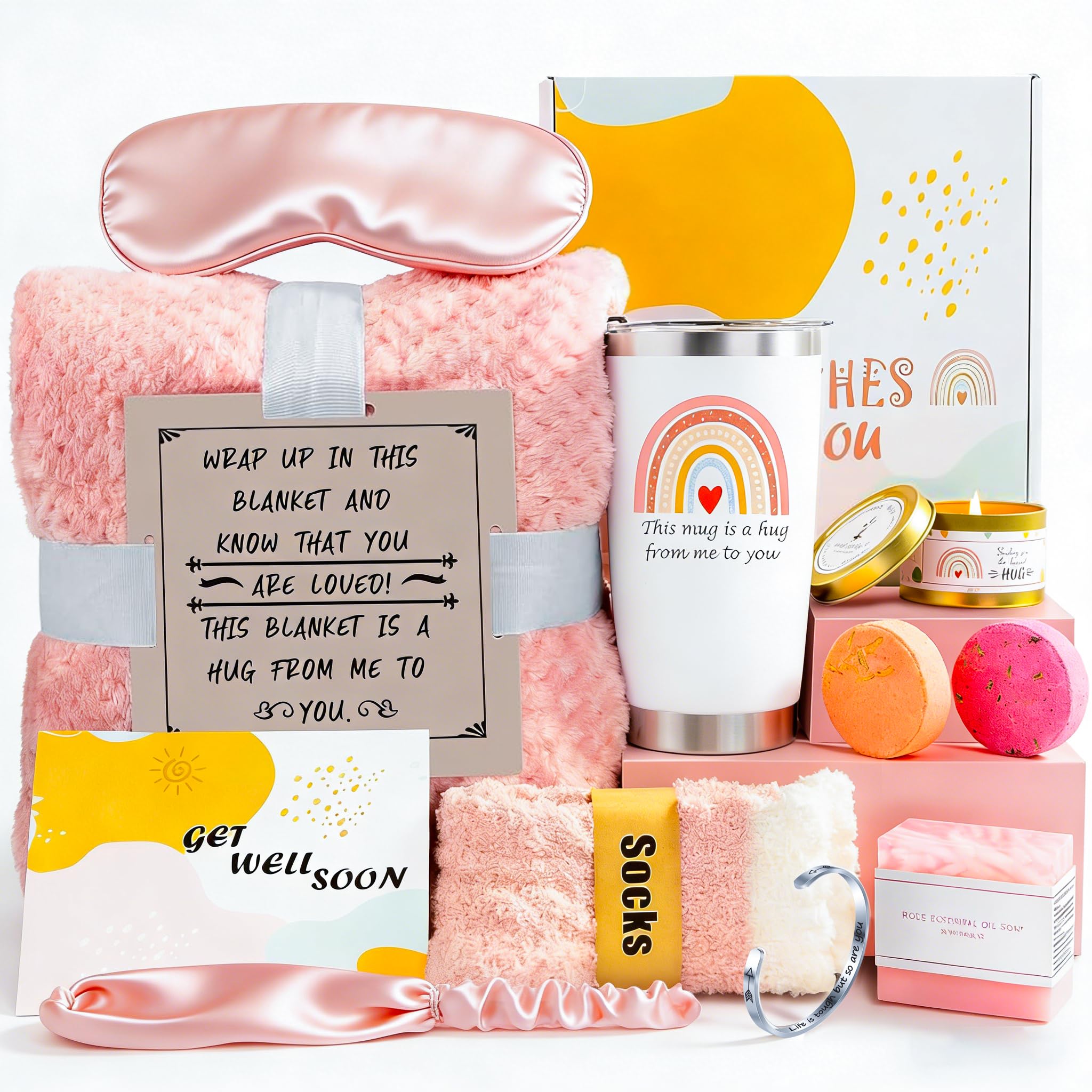 Get Well Soon Gift Basket for Women, 12 Pcs Care Package, Pink Blanket, Sympathy Gifts Thinking of You Box