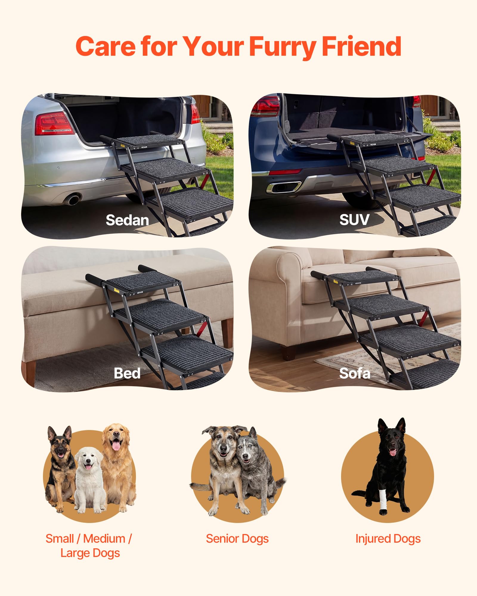 VEVOR Scaletta Pieghevole per Auto per Animali Domestici, Scala Pieghevole a 4 Gradini per SUV Camion Letti Divani per Animali Domestici Carico max 90,72 kg Superficie Antiscivolo, Extra Large