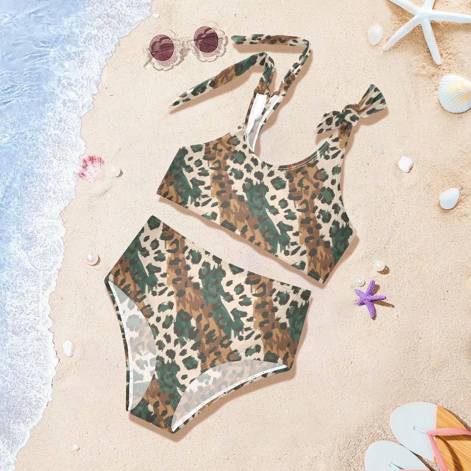 Leopard Skin Pattern Girls Two Piece Tankini Swimsuits Summer Bathing Suit Beach Swimwear Set, 7-8T