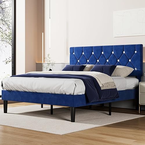 Miniatura 53 de VECELO Base de cama de tamaño individual, plataforma tapizada con cabecera ajustable de diamante, soporte de listones de madera, no necesita somier,