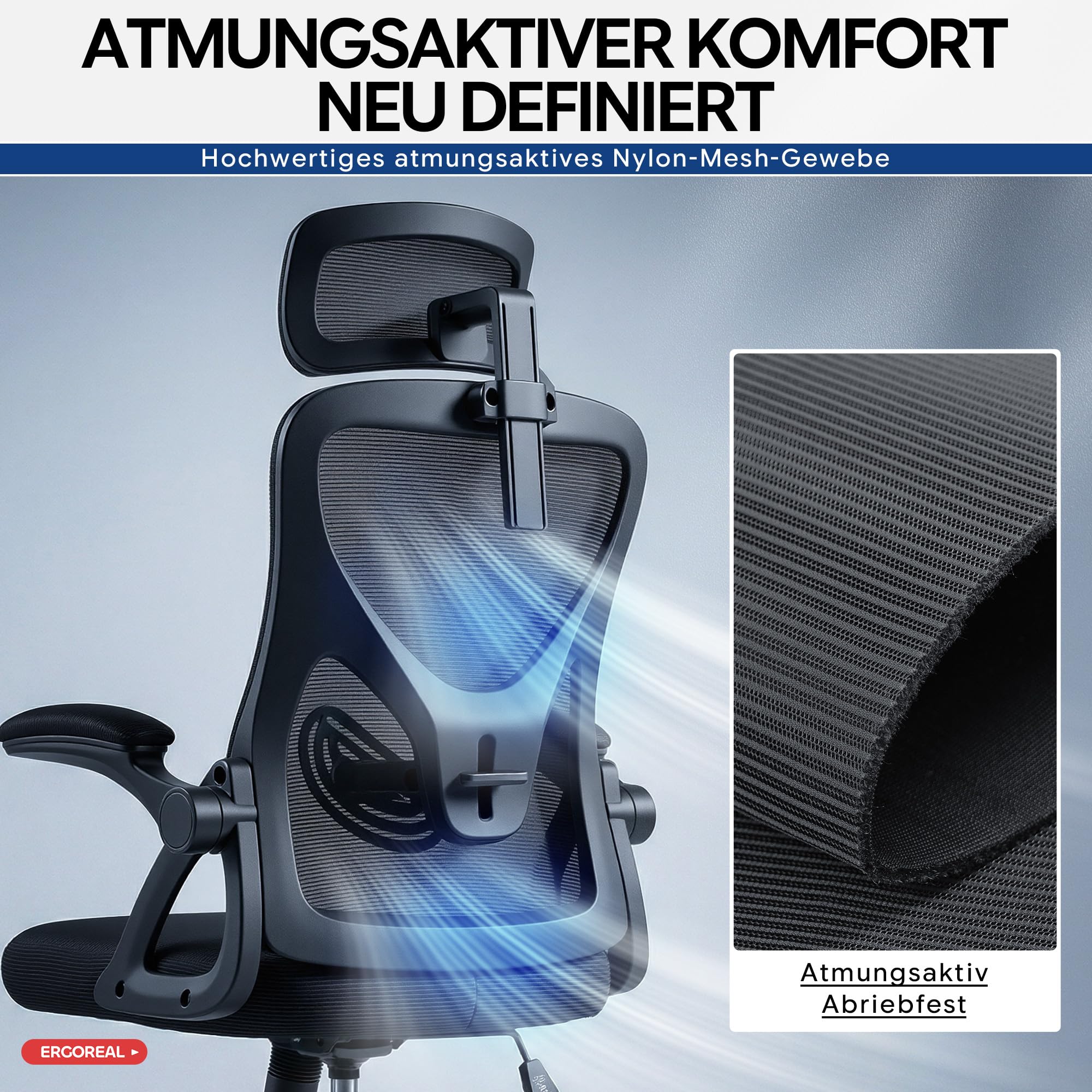 Ergonomischer Mesh-Bürostuhl mit Lendenstütze 2D-Kopfstütze klappbare Armlehnen PU-Rollen Gasfeder Klasse 3 bis 150 kg Schwarz