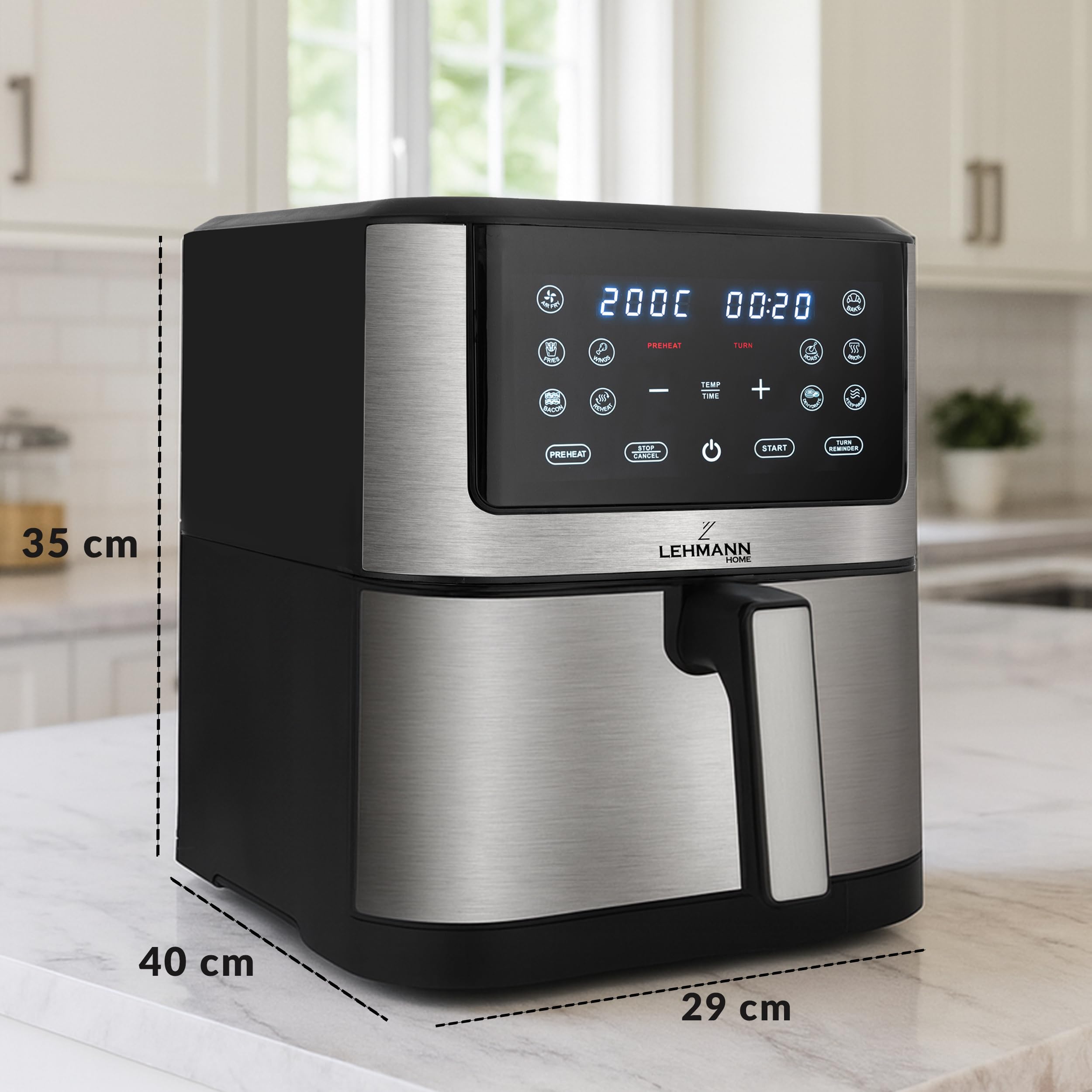 LEHMANN Friggitrice ad Aria XXL 8L, Air Fryer Familiare, 12 Programmi & Regolazione Manuale 76–200°C, Display LED Touch, Lavabile in Lavastoviglie, Rivestimento Antiaderente, 90% di Grassi in Meno