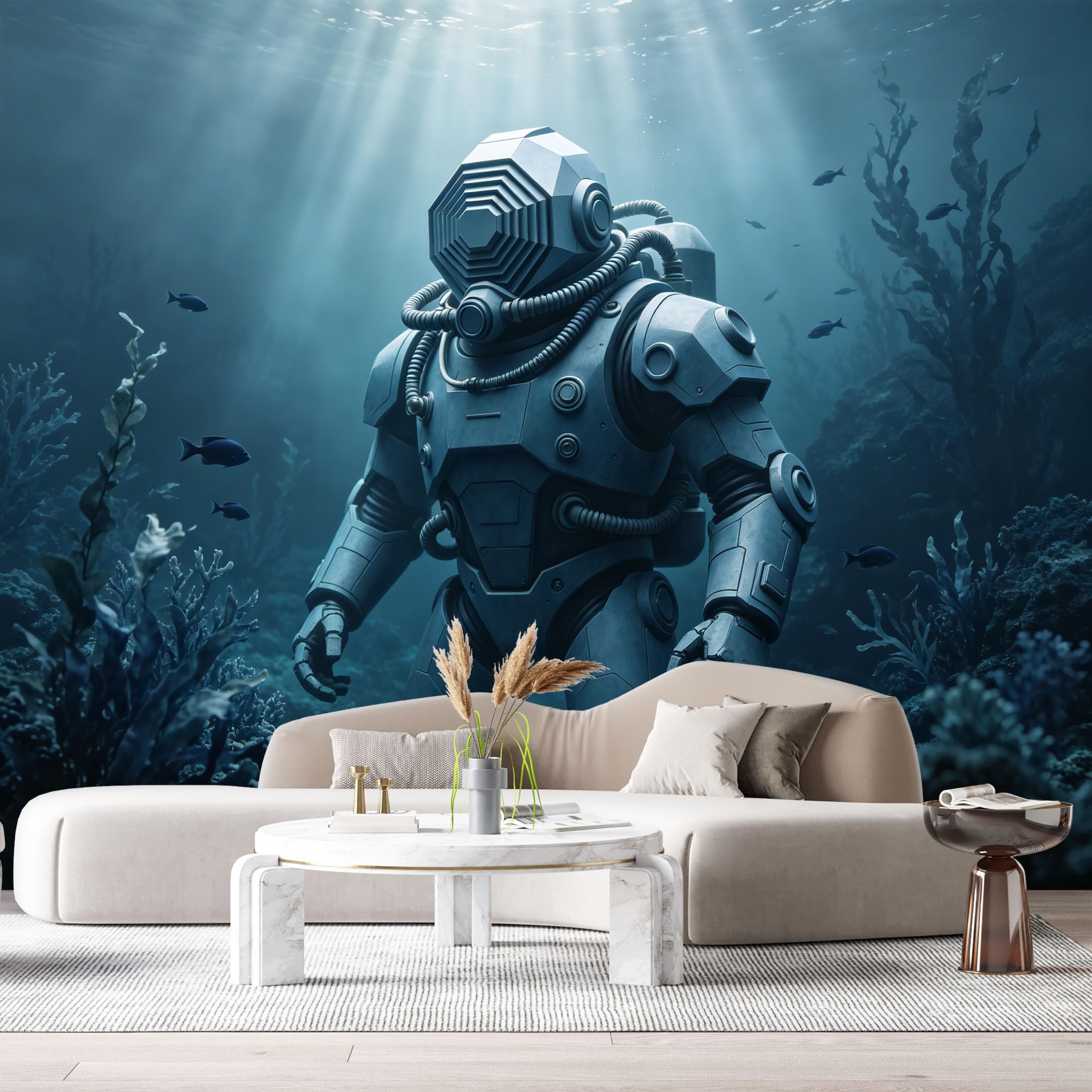 Custom Size Wall Mural Underwater Mech Diver Futuristic Armor Submarine Robot 3D SciFi Marine Machine SelfAdhesive Art Prints Removable Large Wallpaper Esports Room Game Room Studio