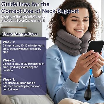1PC Neck Stretcher Cervical Traction Device for Neck Shoulder Pain Relief | Grey,adjustable air pump, ergonomic spine decompression, portable soft washable fabric for home travel relief