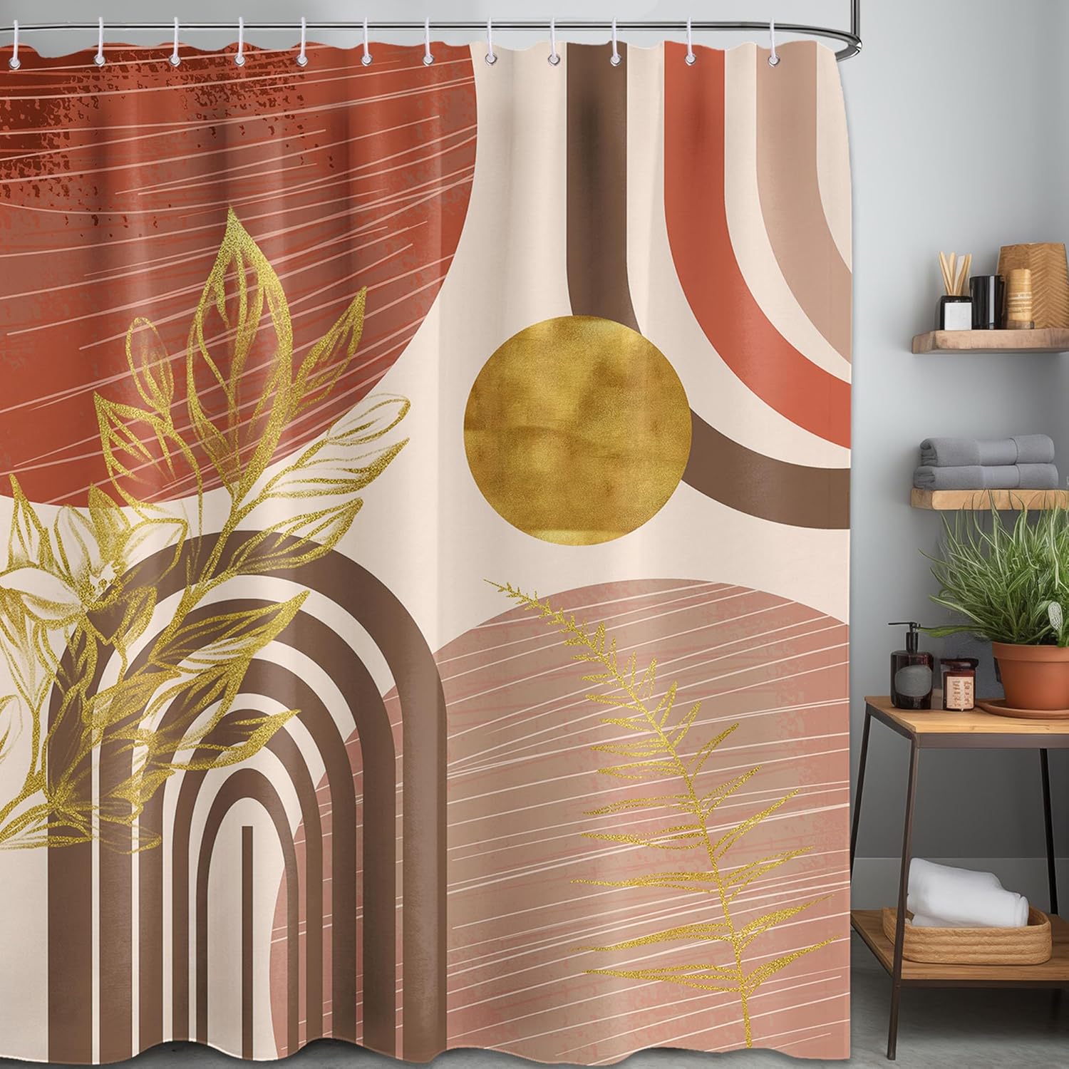 Amazon.com: QGHOT Boho Mid Century Modern Shower Curtain Gold Leaf Bohemian Shower Curtains for ...