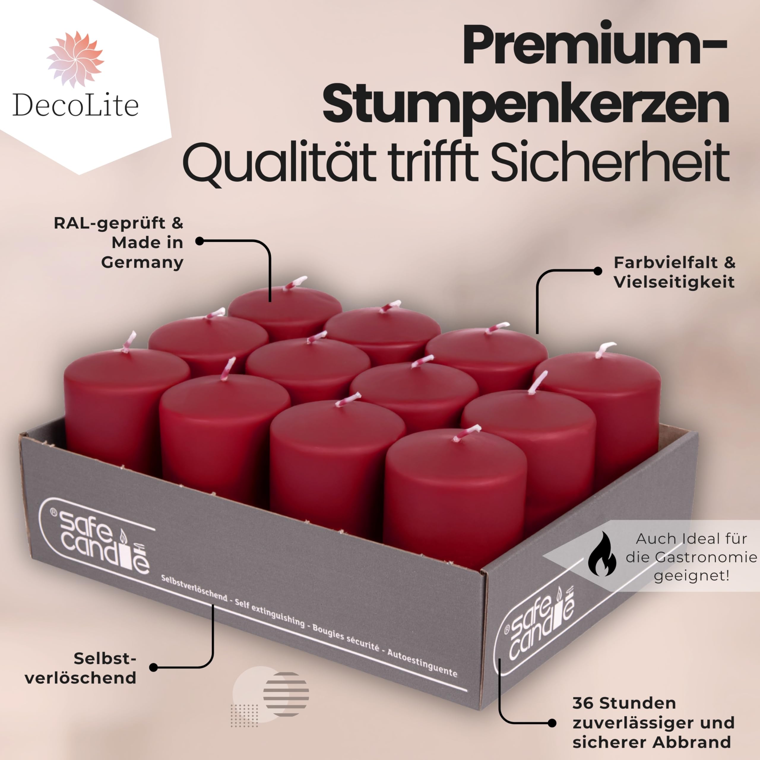Confezione da 12 candele a pilastro, 100/60 mm, autoestinguenti, con certificazione RAL, durata 36 ore, 100% Made in Germany by Wenzel Kerzen (rosso antico)