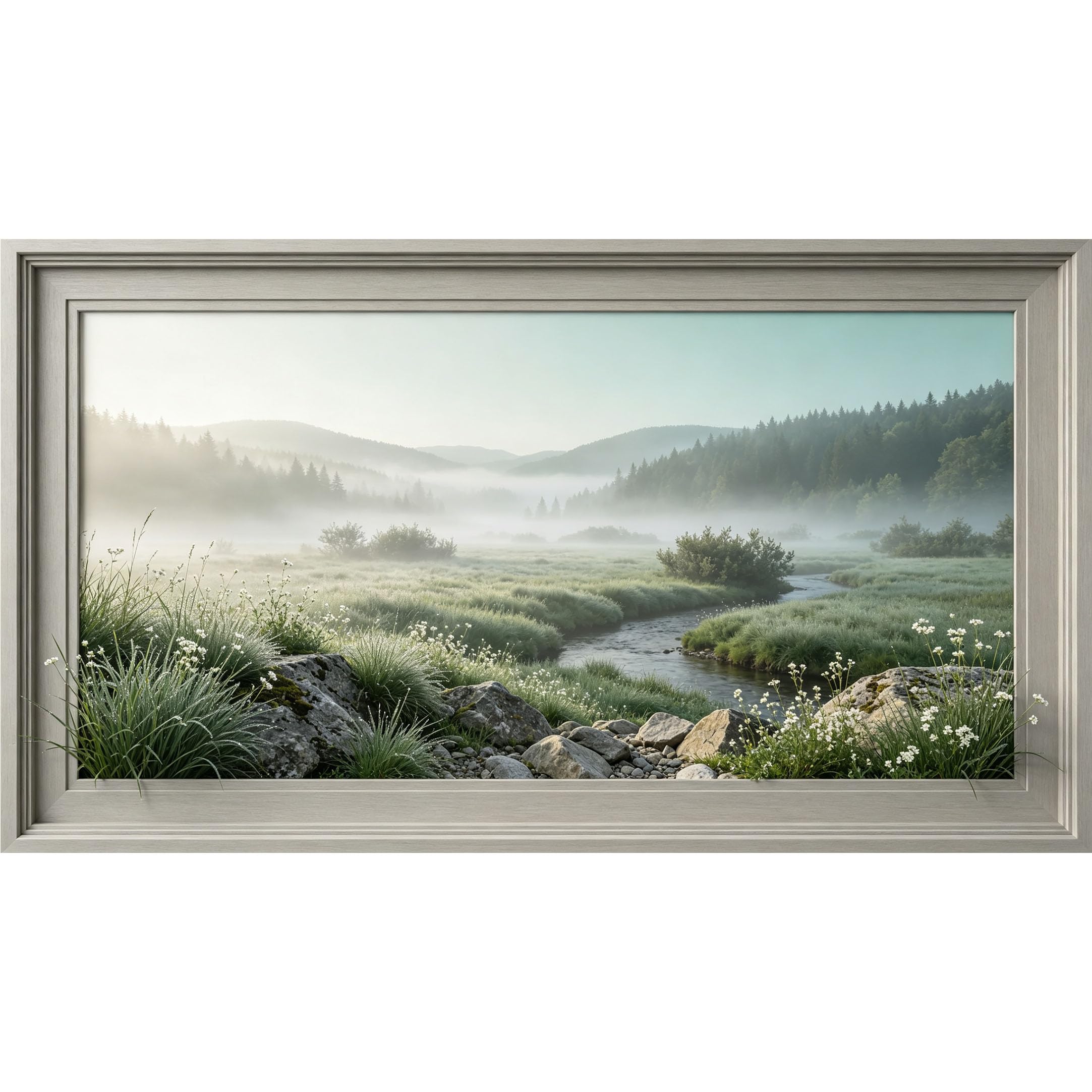 QZLITHOTIC 50x90cm3D Framed Wall Art， Misty Mountain River Landscape Self‑Adhesive Mural， Water‑Activated Peel & Stick Fabric Decor Wall Decal for Bedroom Living Room