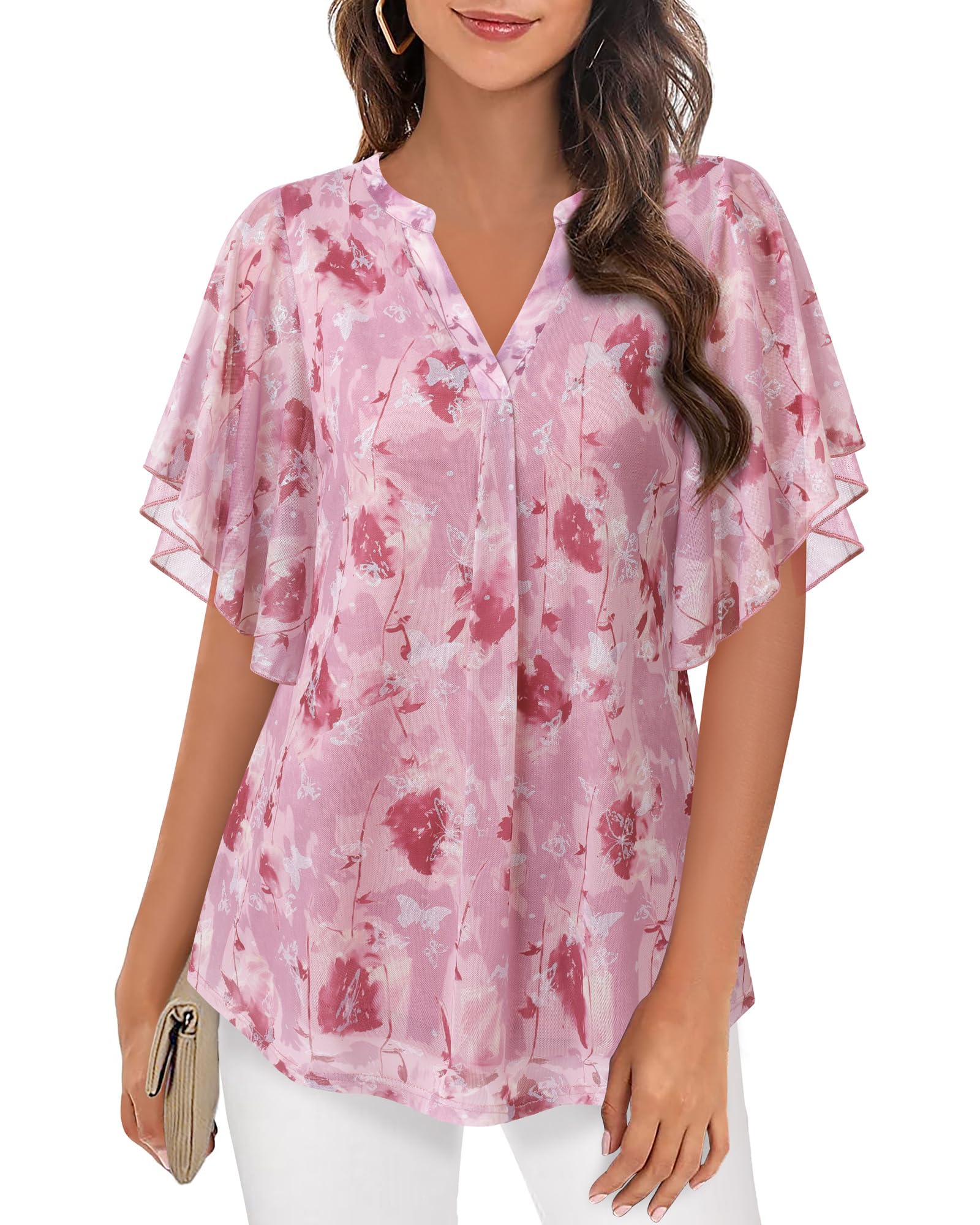 Vafoly Bluse Damen Elegant Kurzarm Sommer Tunika V-Ausschnitt Mesh Oberteil Blumen Doppellagige Tunika