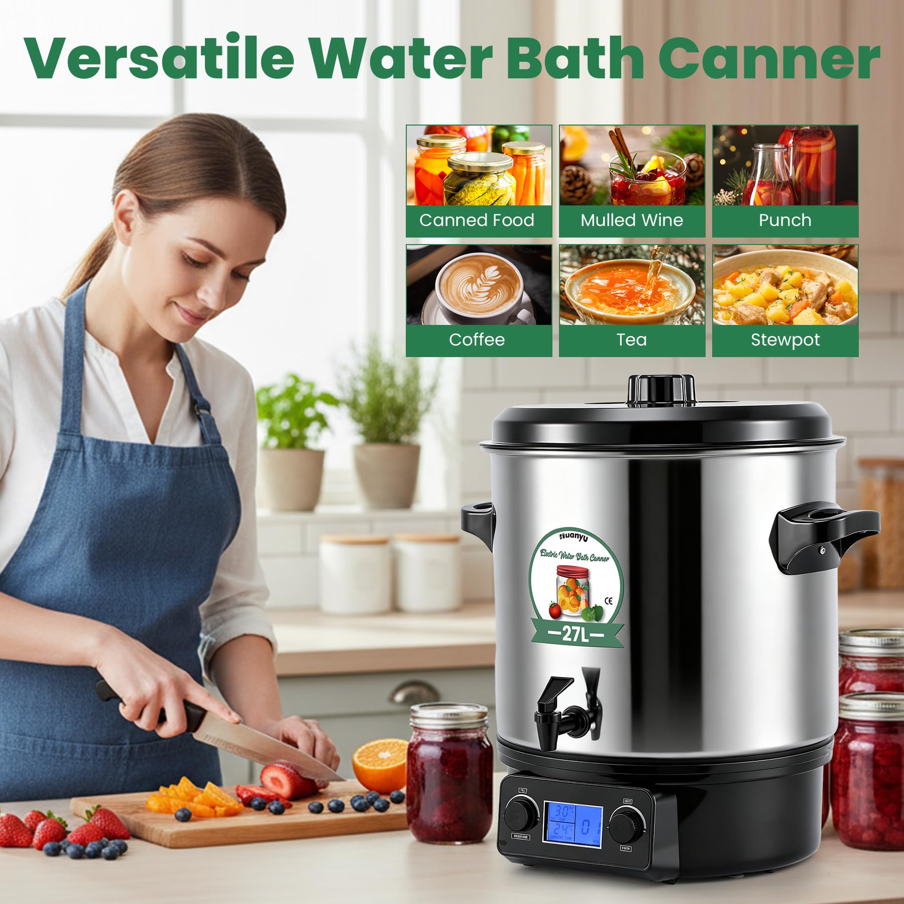 Huanyu 27L Elektrisches Wasserbad-Einmachgerät mit LCD-Display, einstellbarer Temperatur und Zeit
