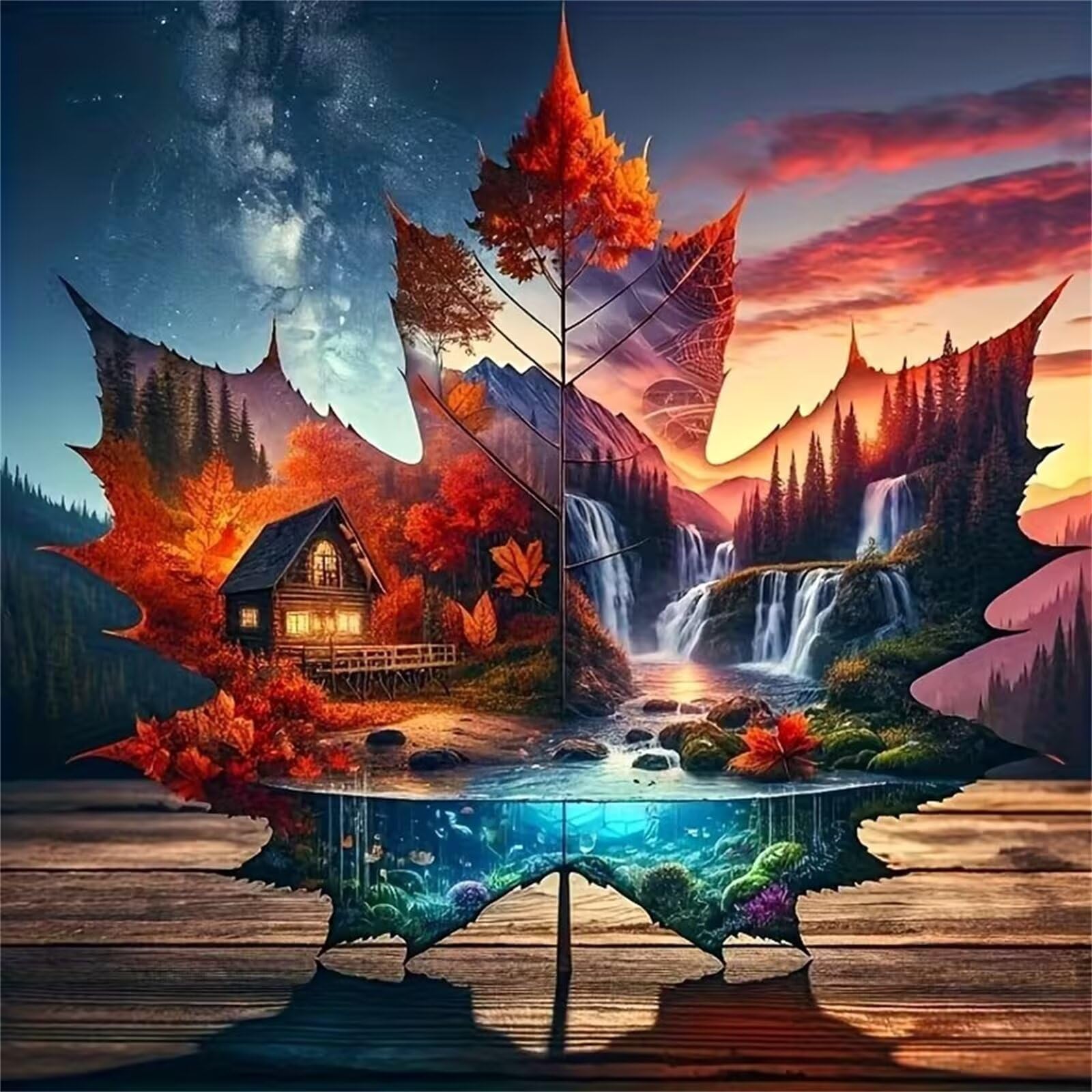 5D Fai Da Te Diamond Art Painting Kit Completo,Paesaggio fantastico con foglie d'acero Adulti Diamond Painting Kit per Pittura Diamante Punto Croce Ricamo Painting Casa Parete Decor,tonda 95x95cm