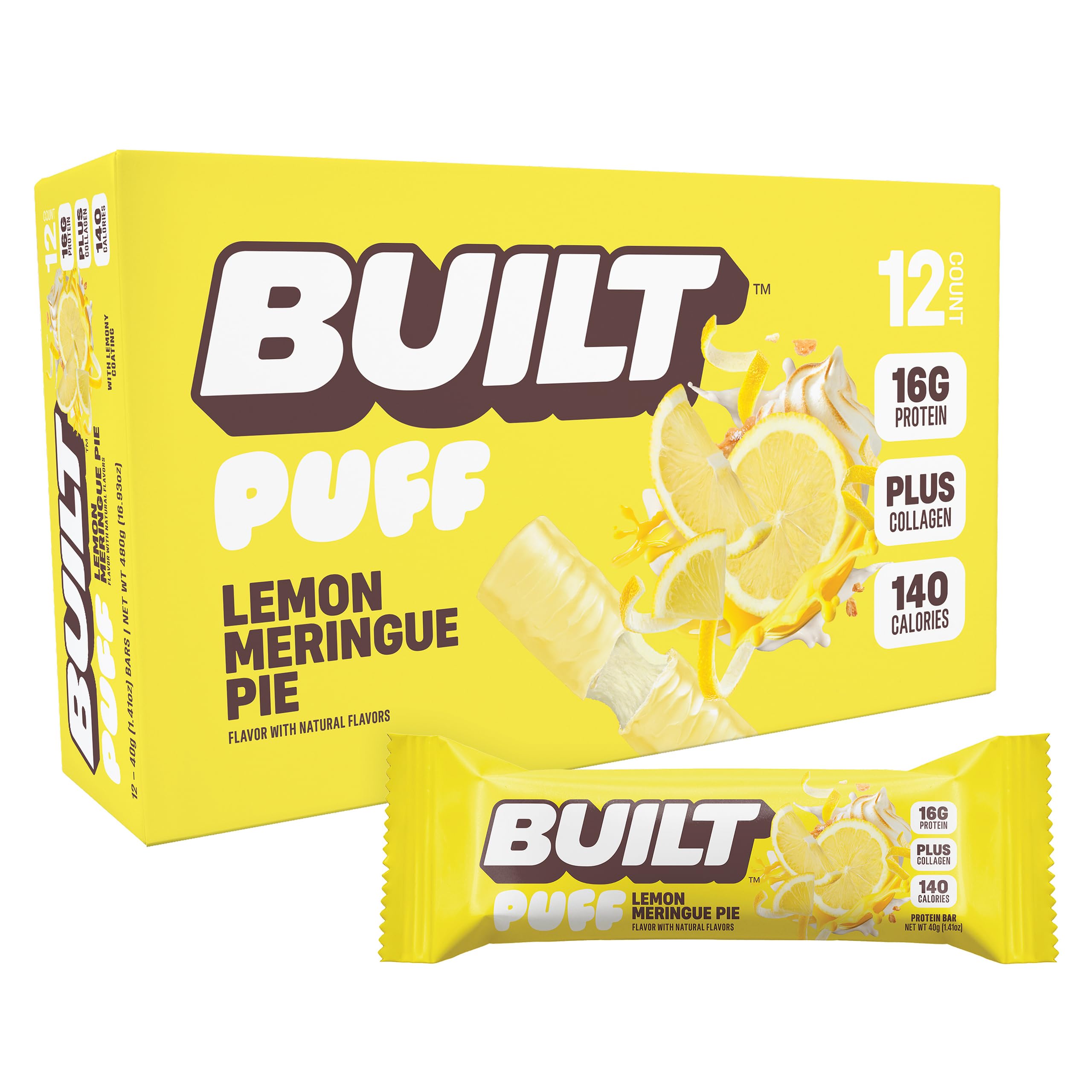 BUILT Bar Puff Protein Bars - Variety Pack - 15-17g Protein Snack Bars with Collagen - Calorie Conscious & Gluten Free - 12 Count, Variety May Vary: Lemon Meringue Pie