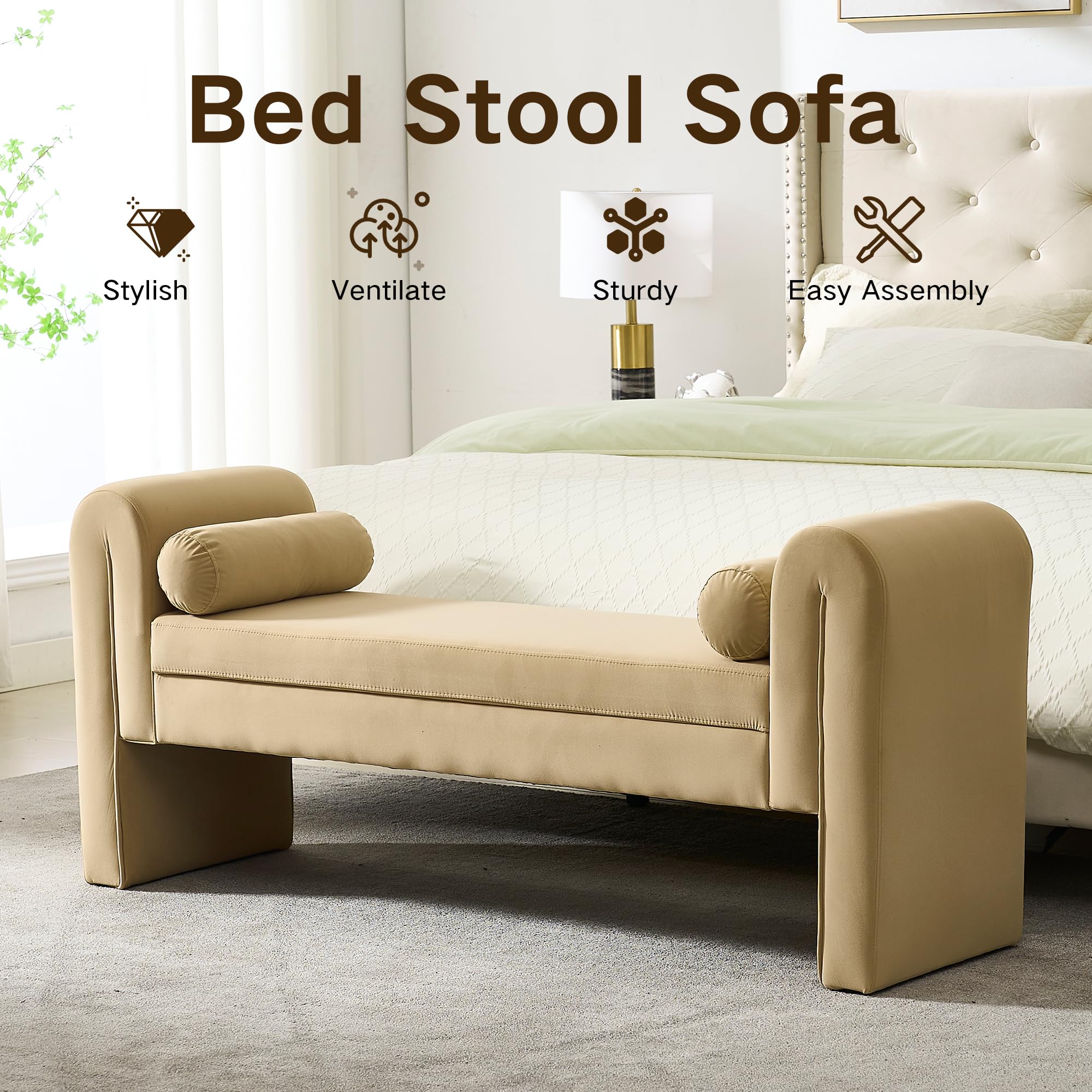 Hdxdkog Storage Bench for Bedroom End of Bed, Velvet Upholstered Rolled Armed Button Tufted Sofa Stool Bench, Storage Ottoman Couch Long Bench with Solid Wood Legs ()