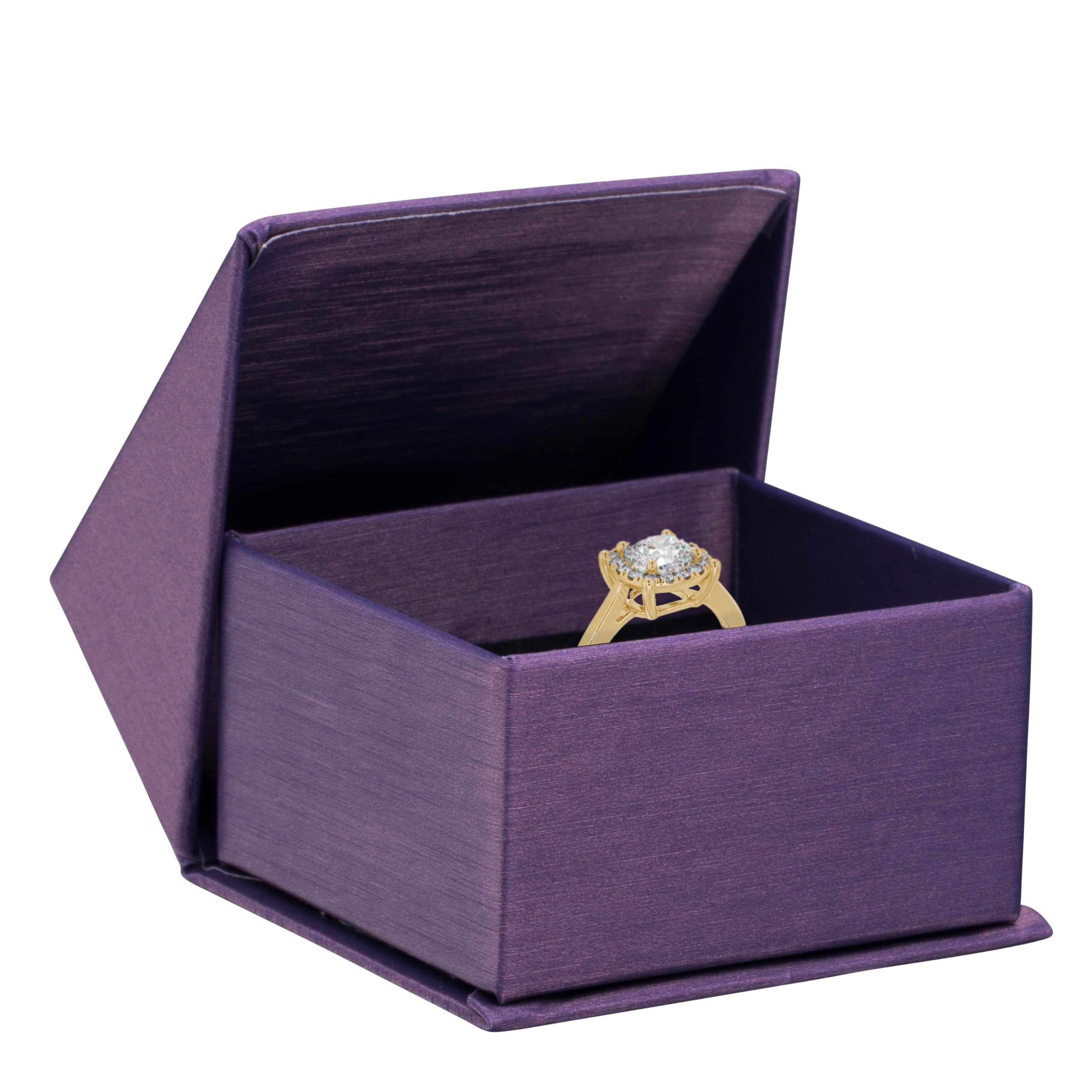 ALLUREPACK Purple Ring Box - Silk Brushed Cardboard Paper Jewelry Gift Box With Elite Modern Angled Closure, Velvet Topped Foam Interior, For Unique Proposal, Engagement or Wedding.