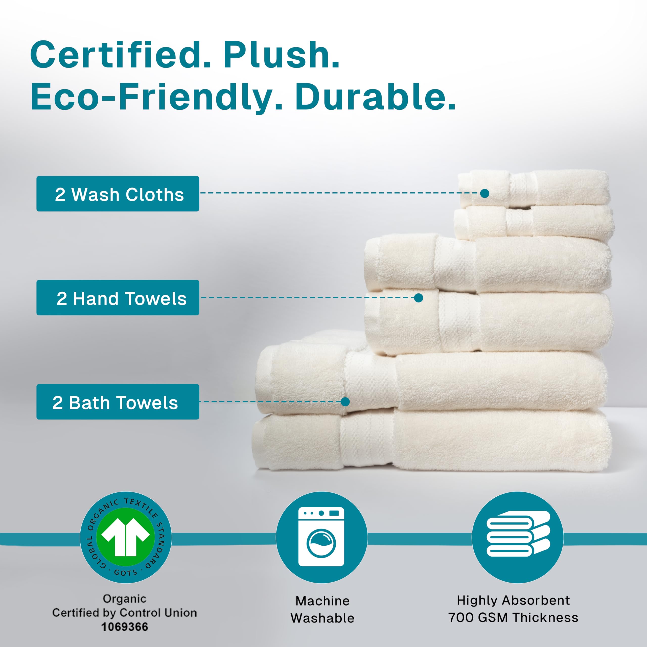 Lot de 6 Serviettes de Bain 100% Coton Bio – Certifiées GOTS – Serviettes de qualité hôtelière – 700 g/m² – 2 Serviettes de Bain 30 x 146 cm – 2 essuie-Mains 40,6 x 76,2 cm – 2 débarbouillettes de 33