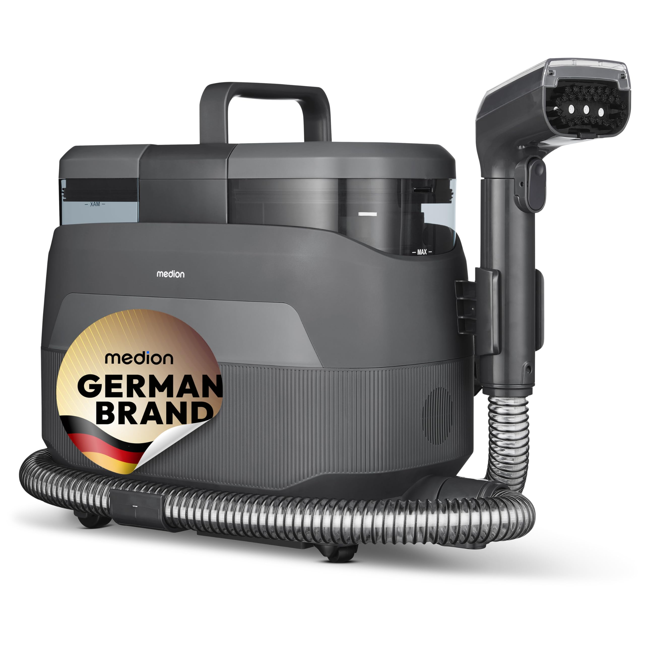 MEDION X10 UC Polsterreiniger Gerät Waschsauger (Nasssauger für Polster Teppiche Autositze, 1.650 Watt, Kaltwasser Heißwasser Dampf, Frisch und Schmutzwassertank, Fenster-Aufsatz, MD100123)