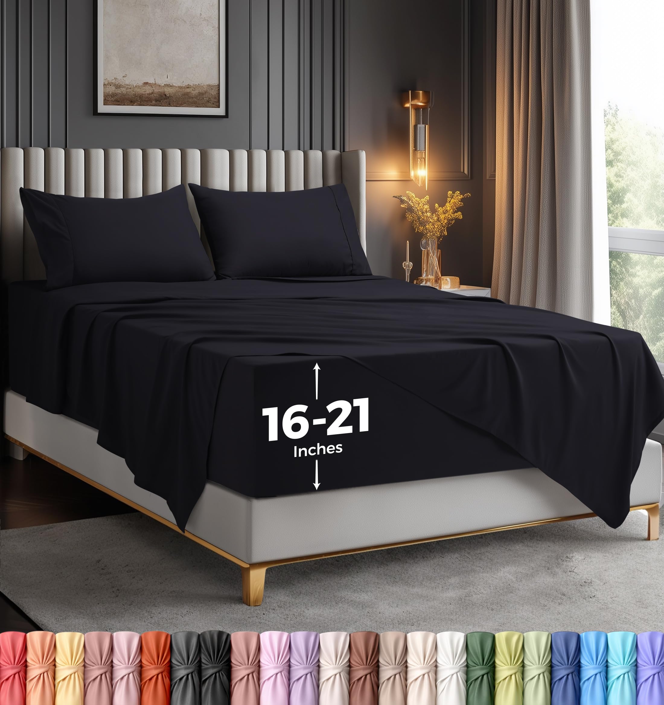 Utopia Bedding Deep Pocket Queen Sheet Set – Fits Mattresses Up to 21 inches – Cooling, Soft & Breathable – Oeko-TEX 4 Piece Bed Sheets (Black)