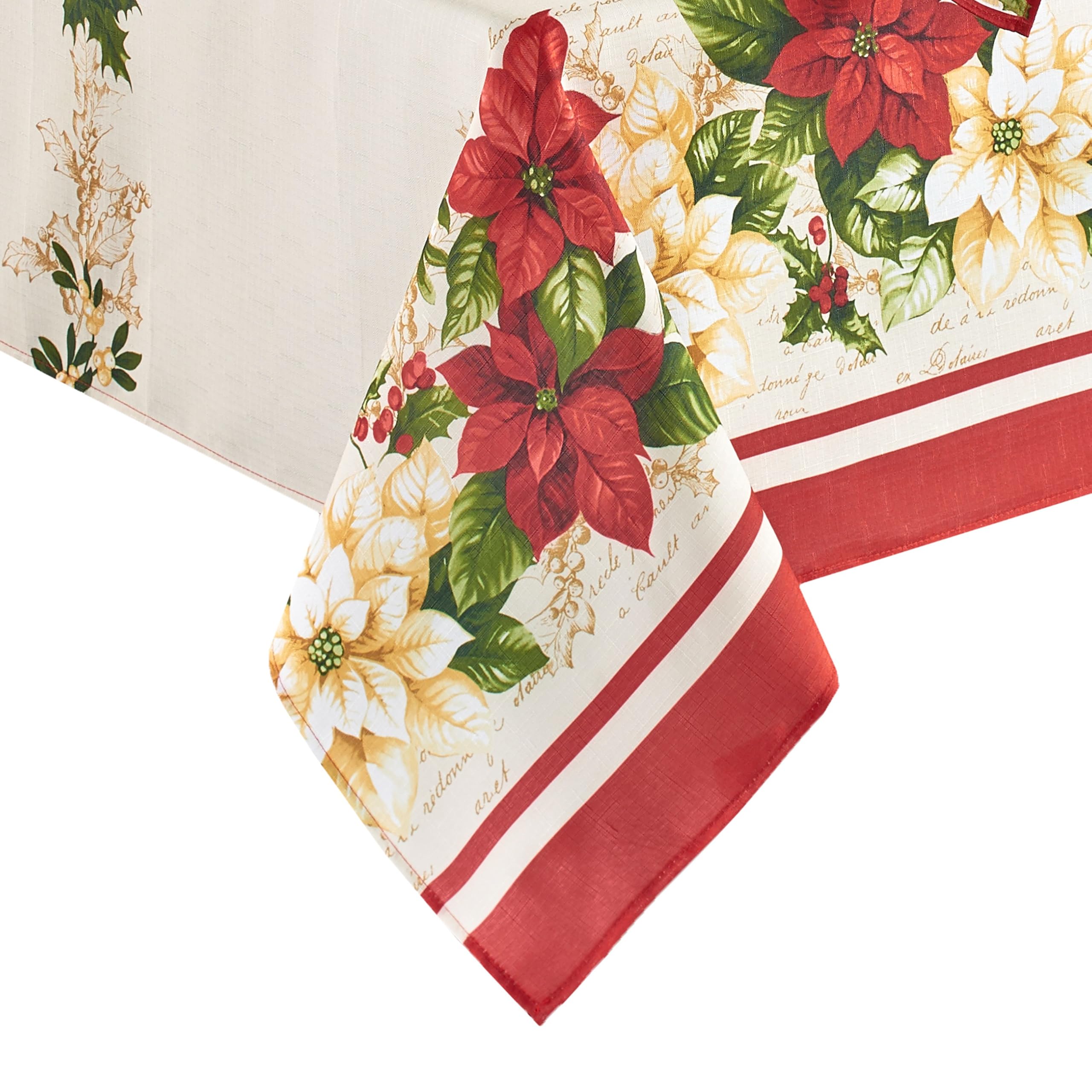 Elrene Home Fashions Red and White Poinsettia Holiday Wrinkle Resistant Fabric Tablecloth, 60" x 102" Rectangle, Multi