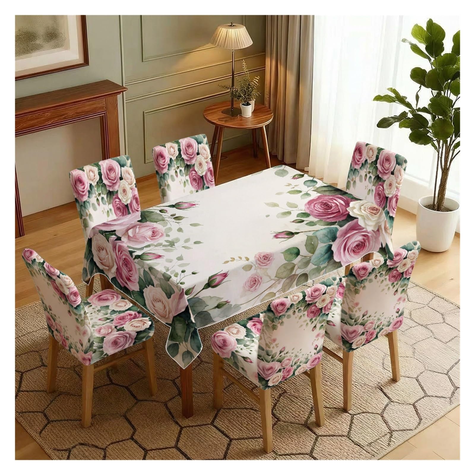 BOSUYBN Off White Base Pink Rose Floral Print Dining Tablecloth & Chair Covers Set, 5/7 Piece Romantic Cottage Garden Dining Decor Table Setting(7pcs Set: Tablecloth+Chair Covers)