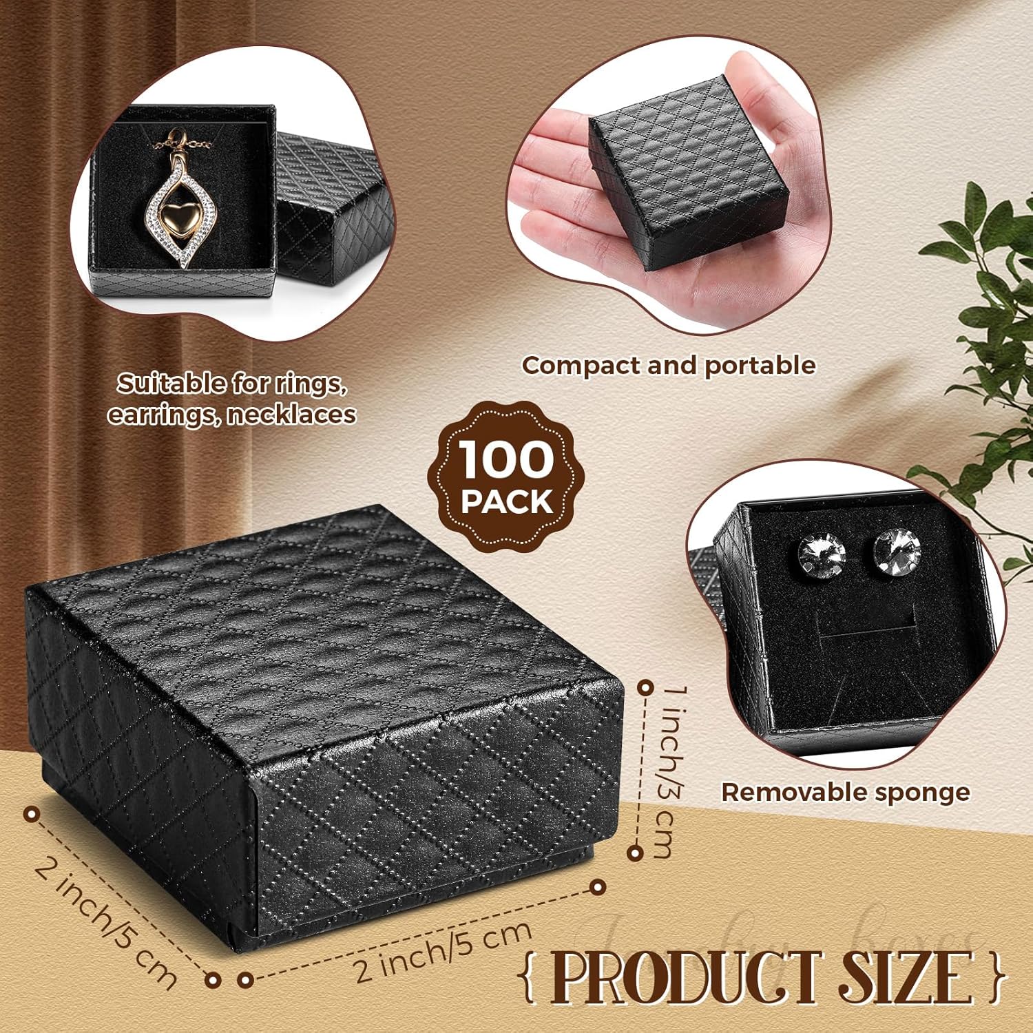 Landical 100 Pcs Jewelry Ring Gift Box 2'' x 2'' x 1'' Cardboard Earring Ring Boxes Small Black Gift Box with Velvet and Sponge Liner Pendant Case Bulk for Necklace Bracelet Earring Display Wedding