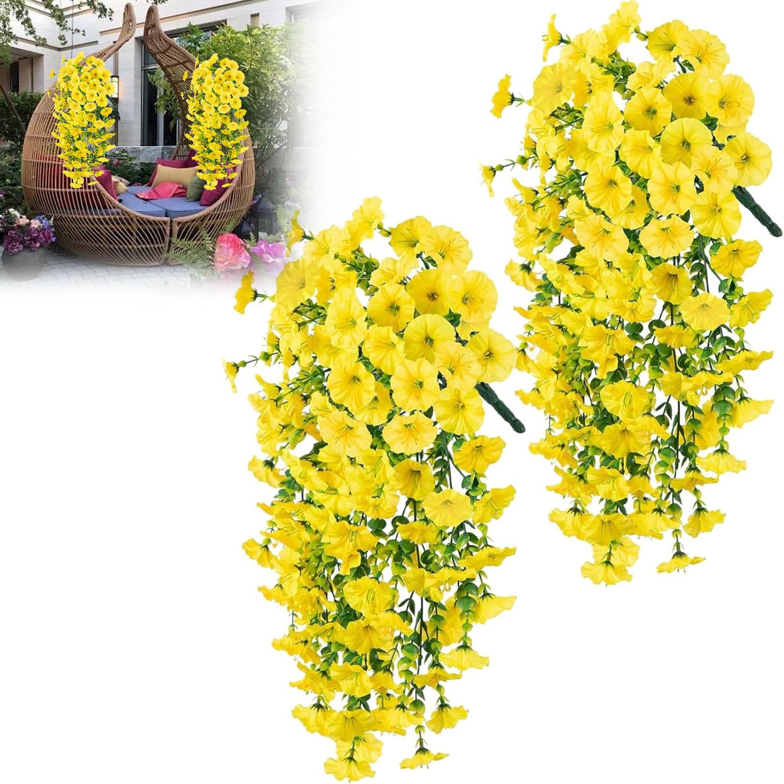 Toyzly Yellow 2Pcs Hanging Baskets Artificial Flowers, Fake Morning Glory Artificial Hanging Flowers For Outdoor, Faux Silk Mums & Violets, Hanging Plants For Garden Balcony Porch Spring Decor (Yellow)