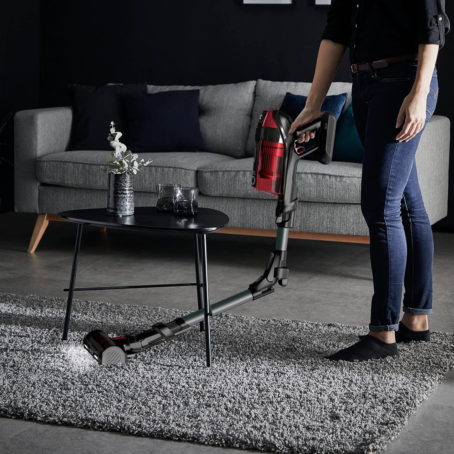 Rowenta RH98A8 X-Force 12.60 Animal Care, Aspirapolvere Senza Fili, 150 Air Watt, 45 min di Autonomia, Tecnologia Flex, Display di Controllo, Rosso Grigio