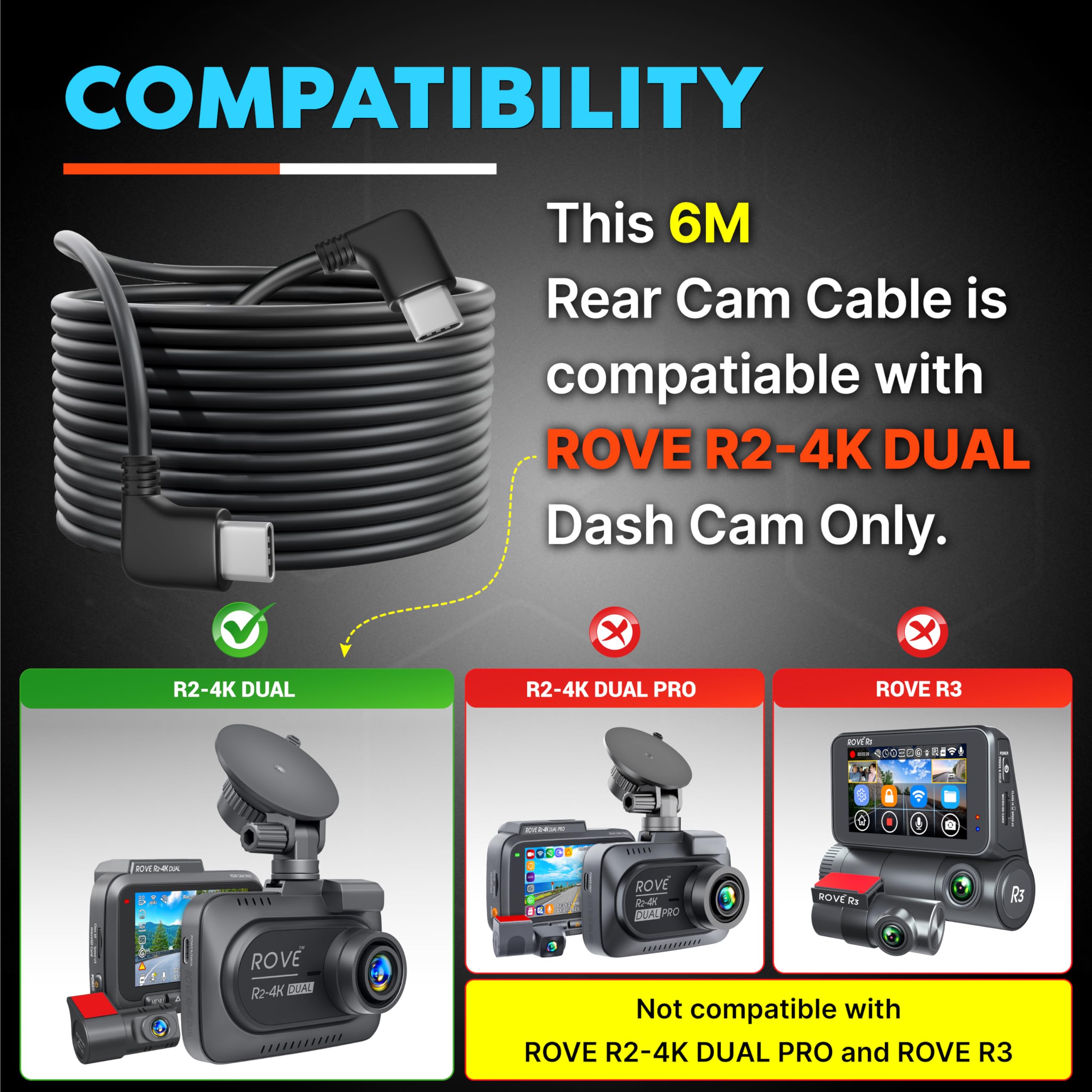 Rove Ultimate - Cable de cámara Trasera de 6 m para R2-4K Dual