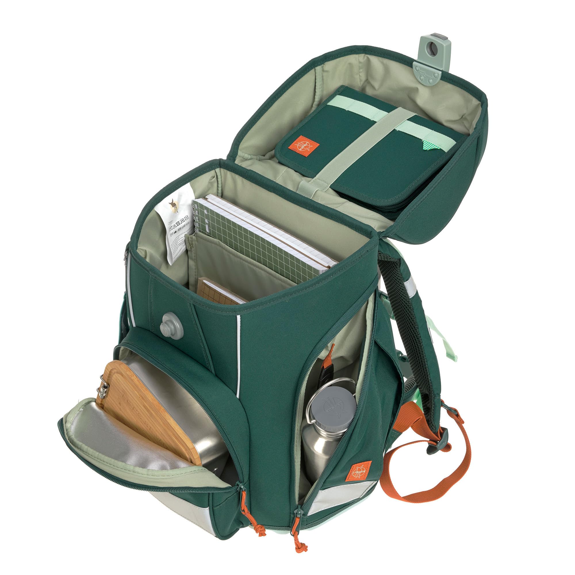 LÄSSIG 7-częściowy zestaw plecaków szkolnych dla dzieci/zestaw szkolny Boxy Unique Dark Green Ocean Edition, Zielona, nowoczesny