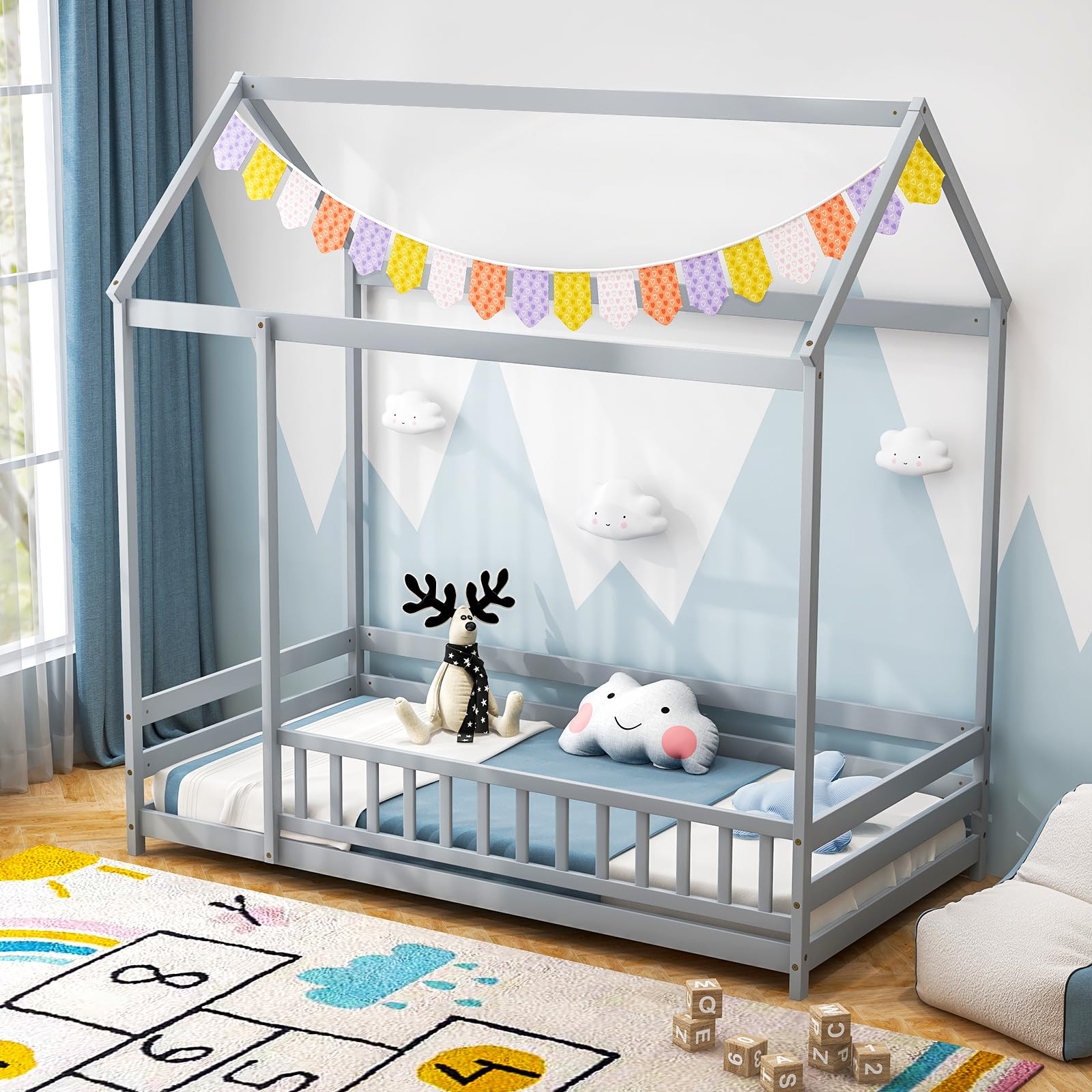 Twin Floor Bed with Fence, Wood Montessori Bed with Safety Guardrails and 80.5" High Roof Design, Without Slats, House Bed Twin for Kids, Girls, Boys (Grey)