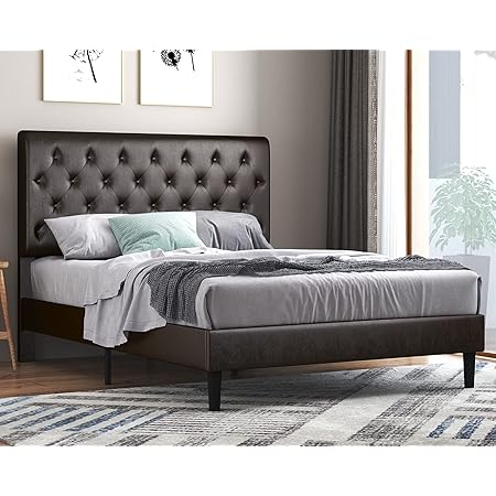 Amazon Com Conner Queen Upholstered Bed With Low Profile Black And Dark Brown Home Kitchen