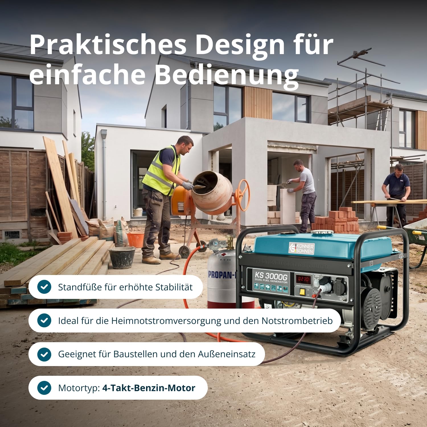 Könner & Söhnen KS 3000G - Hybrid Benzin-LPG 4-Takt Stromerzeuger, Kupfer Generatoren 3000 Watt, 16A, 230V, Generator für Kleinhaus, Garage oder Camping