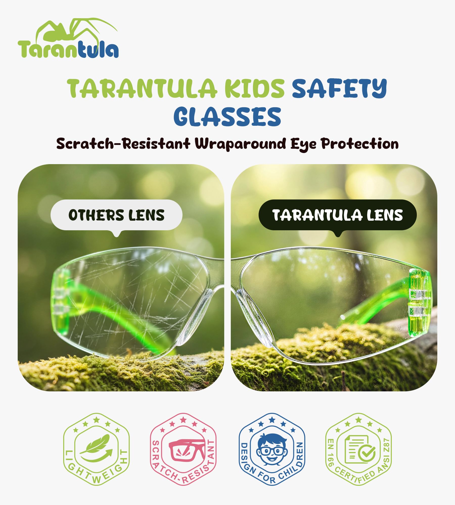 Tarantula Schutzbrille für Kinder, ANSI Z87.1 & EN166 zertifiziert, kratzfest, stoßfest, bruchsicher, Jugendgröße, mehrfarbig, 6 Stück