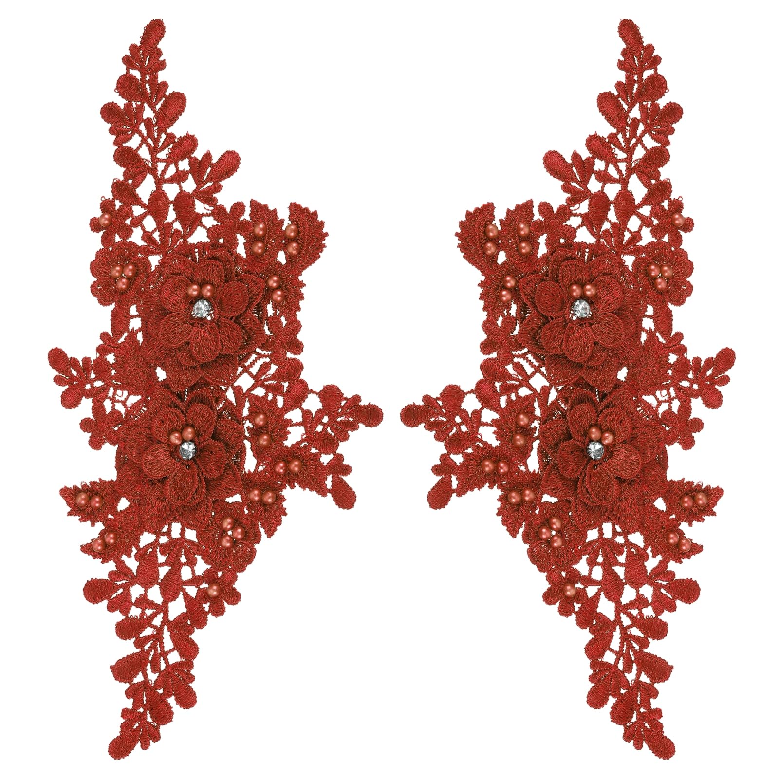 sourcing map 2 Pack 3D Flower Lace Applique with Rhinestone, 27.5x12.5 cm Lace Embroidery Patches Sew on Embroidered Floral Appliques for Wedding Sewing Dresses Clothes Bags DIY, Red