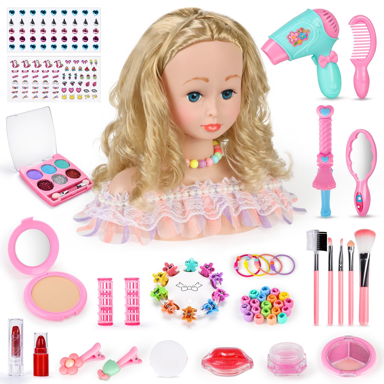 BuzzoXerex Testa Bambola da Truccare e Pettinare, 58 Pezzi Testa da Pettinare Bambina, Bambola da Truccare Regalo di Compleanno, Natale per Bambini a Partire Dai 3 Anni (dorato)