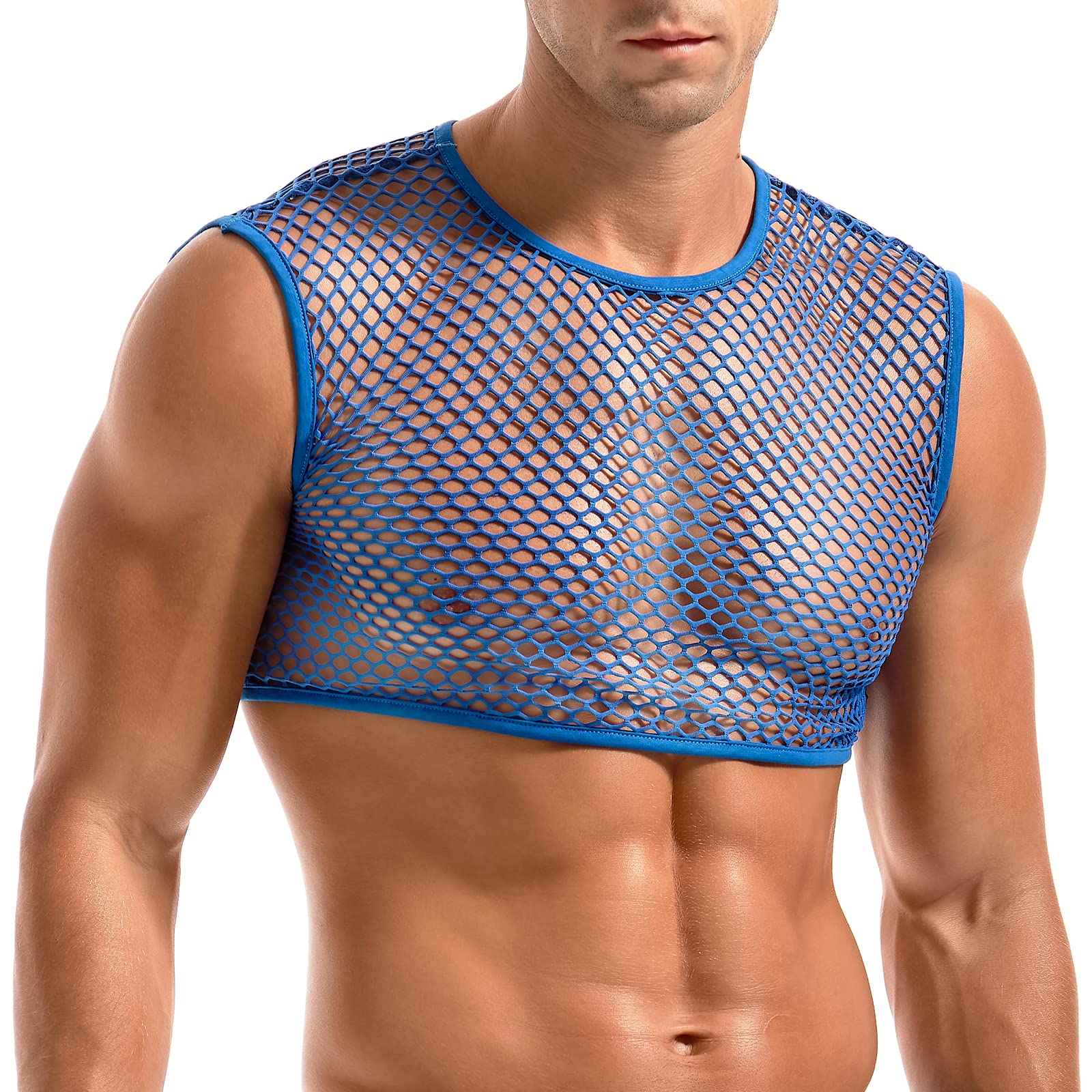 Amy Coulee Men's Fishnet Crop Top Sexy Mesh Vest See Through Sleeveless Shirts Muscle Tank Top Novelty Party Clubwear (Blue, XL)