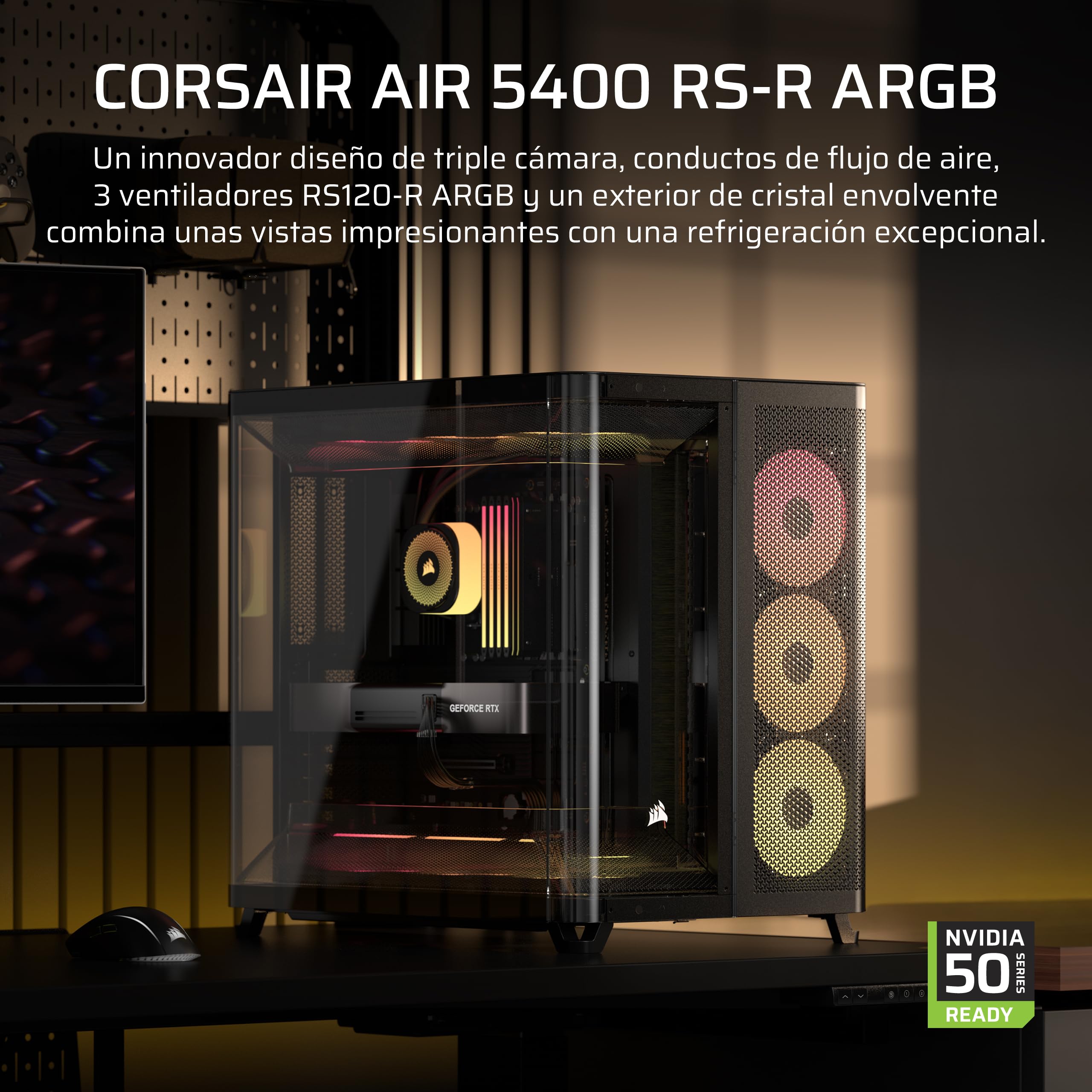 CORSAIR Air 5400 RS-R ARGB Caja para PC semitorre panorámica de Triple cámara – 3 Ventiladores RS120-R ARGB Reverse-Rotor preinstalados – conductos de Alto Flujo y bajo Ruido – Negro