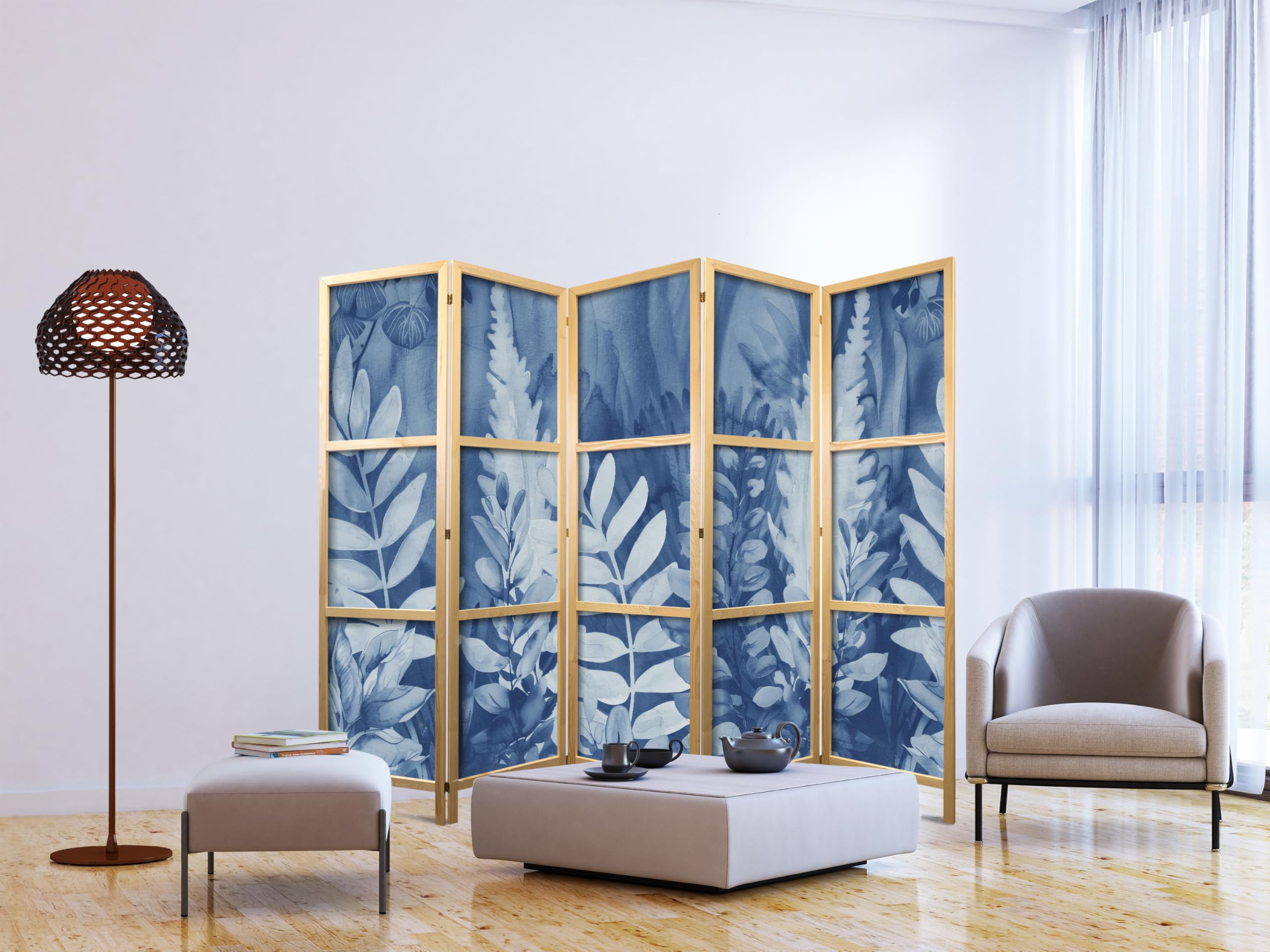 murando - Biombo XXL Hojas Azules 225x172 cm 5 Paneles biombo Separador de ambientes biombos separadores Paneles japoneses Paneles Decorativos b-H-10115-bh-d
