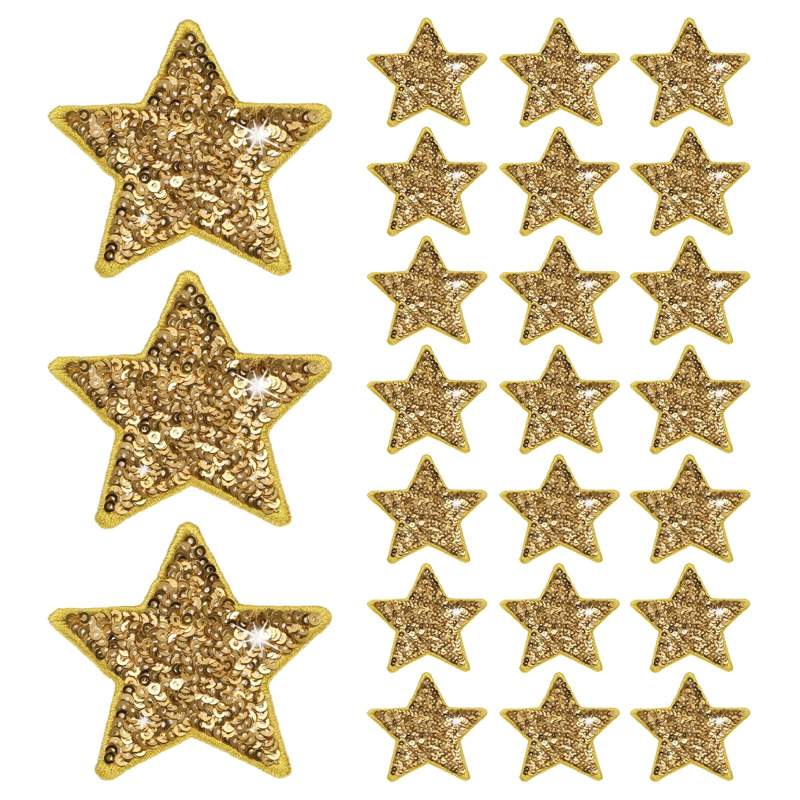M METERXITY 24-Pack Sequin Star Iron Patches, 2.4x2.4in/6x6cm Colorful Shiny Patches Embroidery for Clothes/Hats/Bags/DIY/Repair Hole, Glitter Star Applique Sewing Patch [Light Gold]