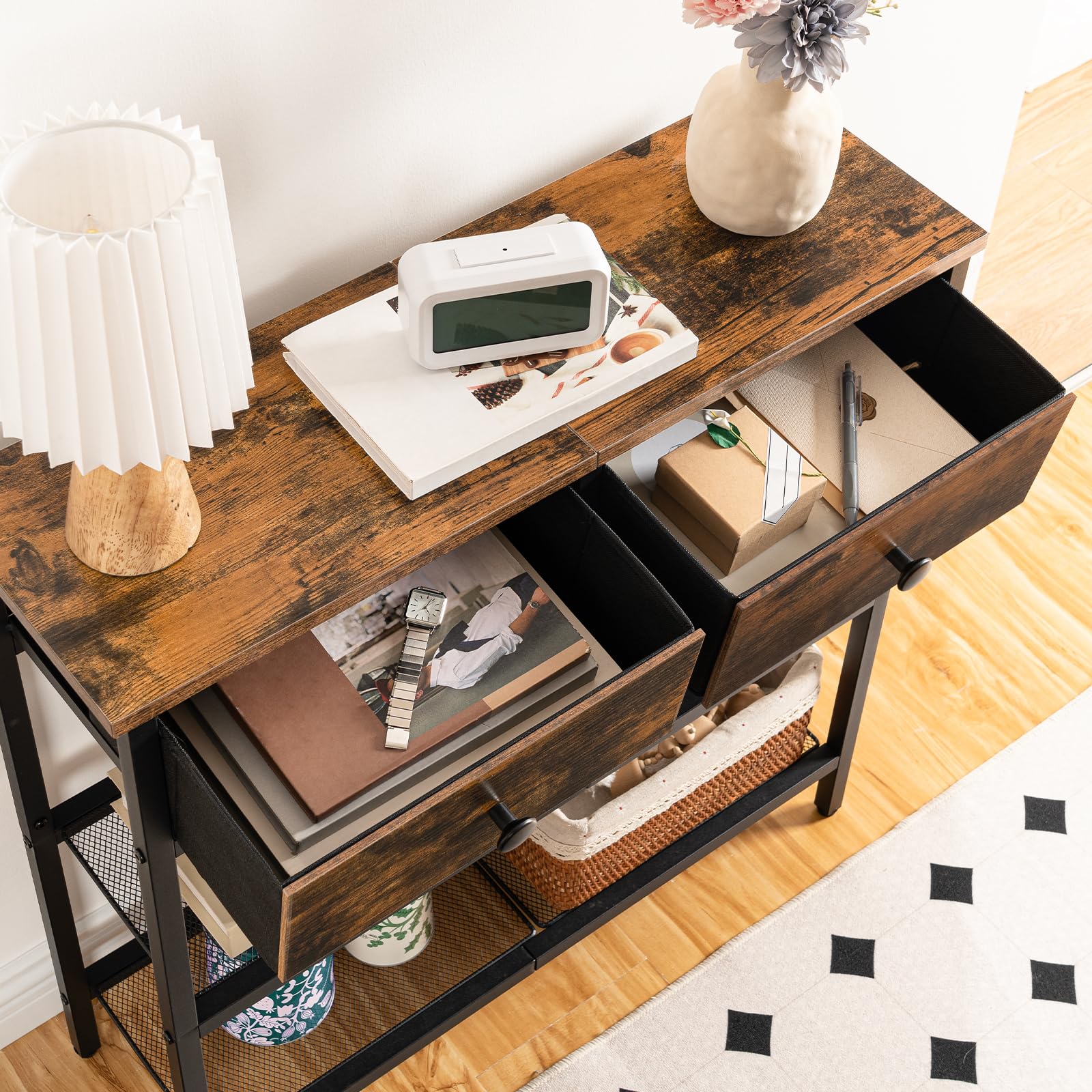 HOOBRO Console Meuble, 75 cm Table Console, d'Entrée avec 2 Tiroirs en Tissu, Table d’appoint, Bout de Canapé, pour Entrée, Salon, Style Industriel, Marron Rustique et Noir EBF72XG01